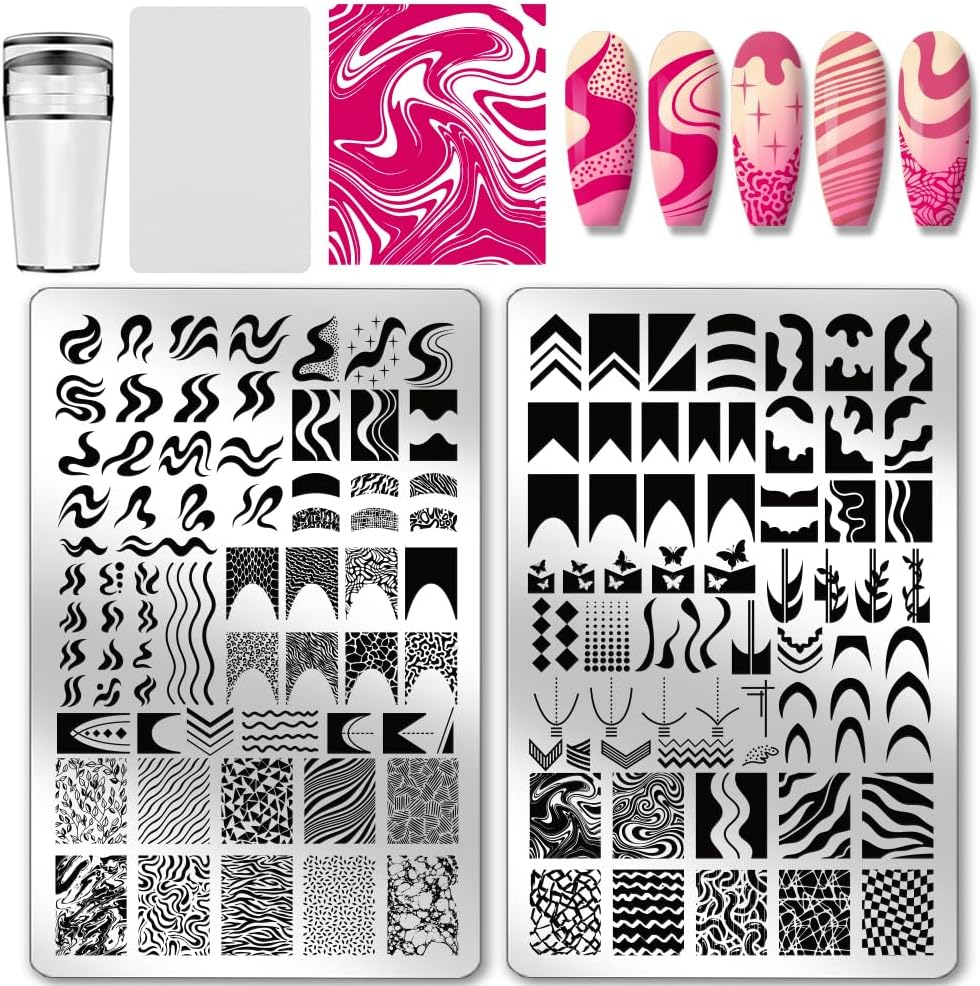 PH Pandahall 2Pcs French Line Print Nail Art Template Swirl Line Pattern Nail Stamp Plate Stainless Steel Image Plate Texture Nails Stencil Set for Women DIY Printing Decor 5.7X3.7 Inch image number 4