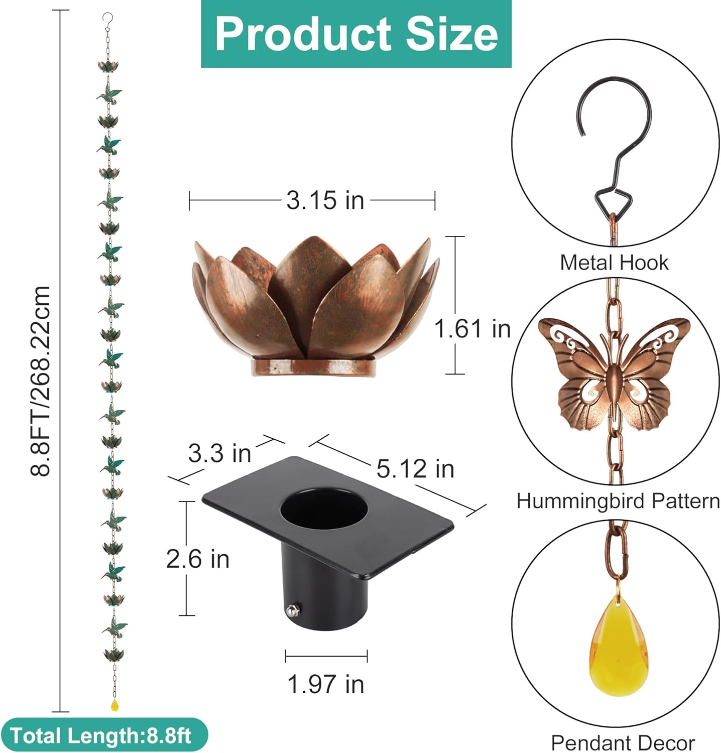 Shumi 13Ft Rain Chain for Gutters Downspouts Outside,Butterfly Rain Chain with 12 Copper Lotus Rain Chain Cups,Functional and Decorative Replacement for Gutter Downspouts image number 2