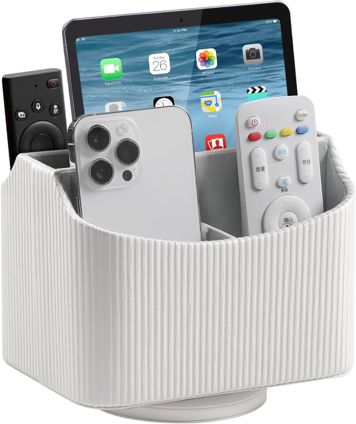 Cretkhp 360&deg;Rotatable Remote Control Holder, PU Leather Desktop Organizer with 5 Compartments for Office Home Supplies, Rotating Pen Pencil Holder for Desk (White)