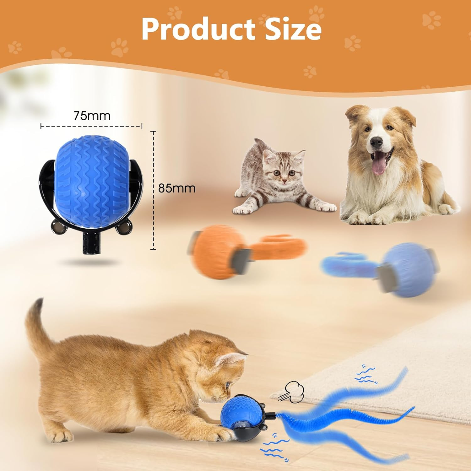 2Pcs Interactive Cat Toy for Indoor Cats, Speedy Ball with Tail, Automatic Moving Cat Balls for Bored Indoor Adult Cats, 360&deg;Automatic Rolling Ball Toy, Two Speed Adjustment（Orange&Blue） image number 1