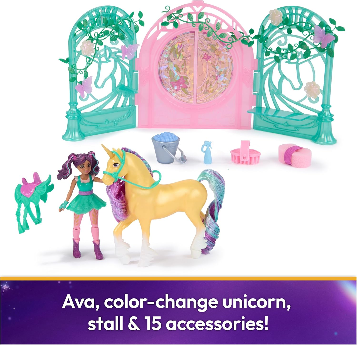 Unicorn Academy, Ava Doll & Color-Change Leaf Unicorn Stall Playset with 15 Accessories, Dolls & Unicorn Toys for Girls Ages 4 and Up image number 5