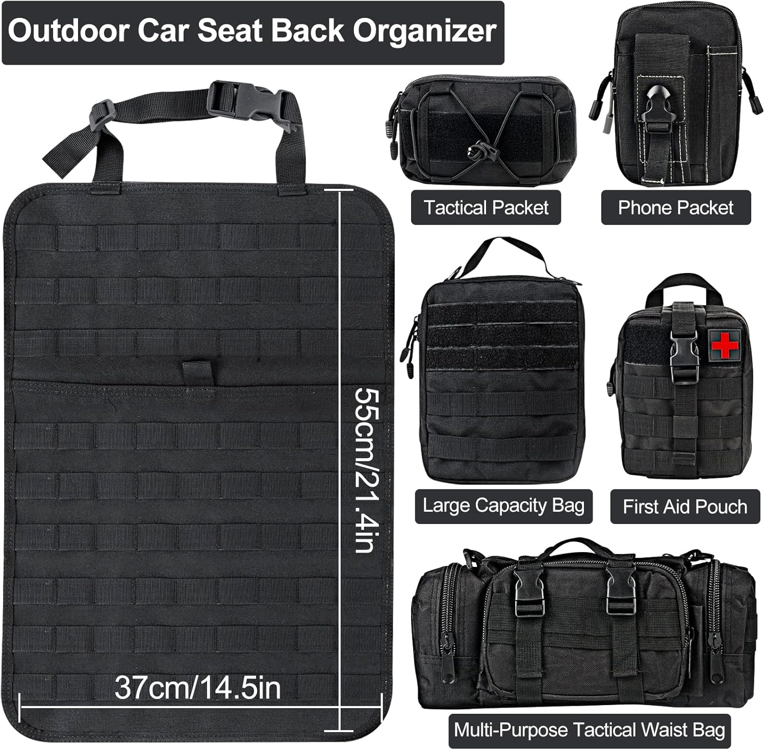 Universal Car Seat Back Organizer Bag, Tactical Car Seat Organizer Detachable Multifunction Back Seat Storage Bag for All Vehicel, Oxford Cloth Storage Bag with 5 Molle Pouches for Outdoor Camping image number 2