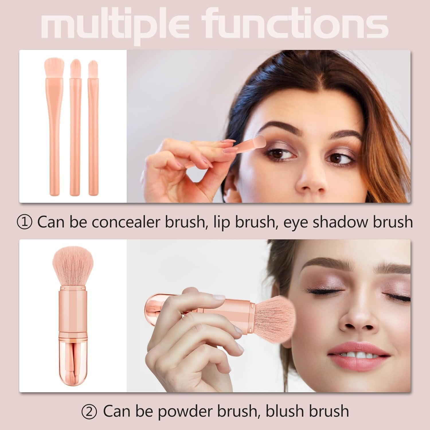 Travel Makeup Brush Set with Case, 4 in 1 Mini Cute Makeup Brush Retractable Professional Foundation Blending Powder Eye Shadow Brush for Women Facial Cosmetics Makeup Brush Set(Apricot)