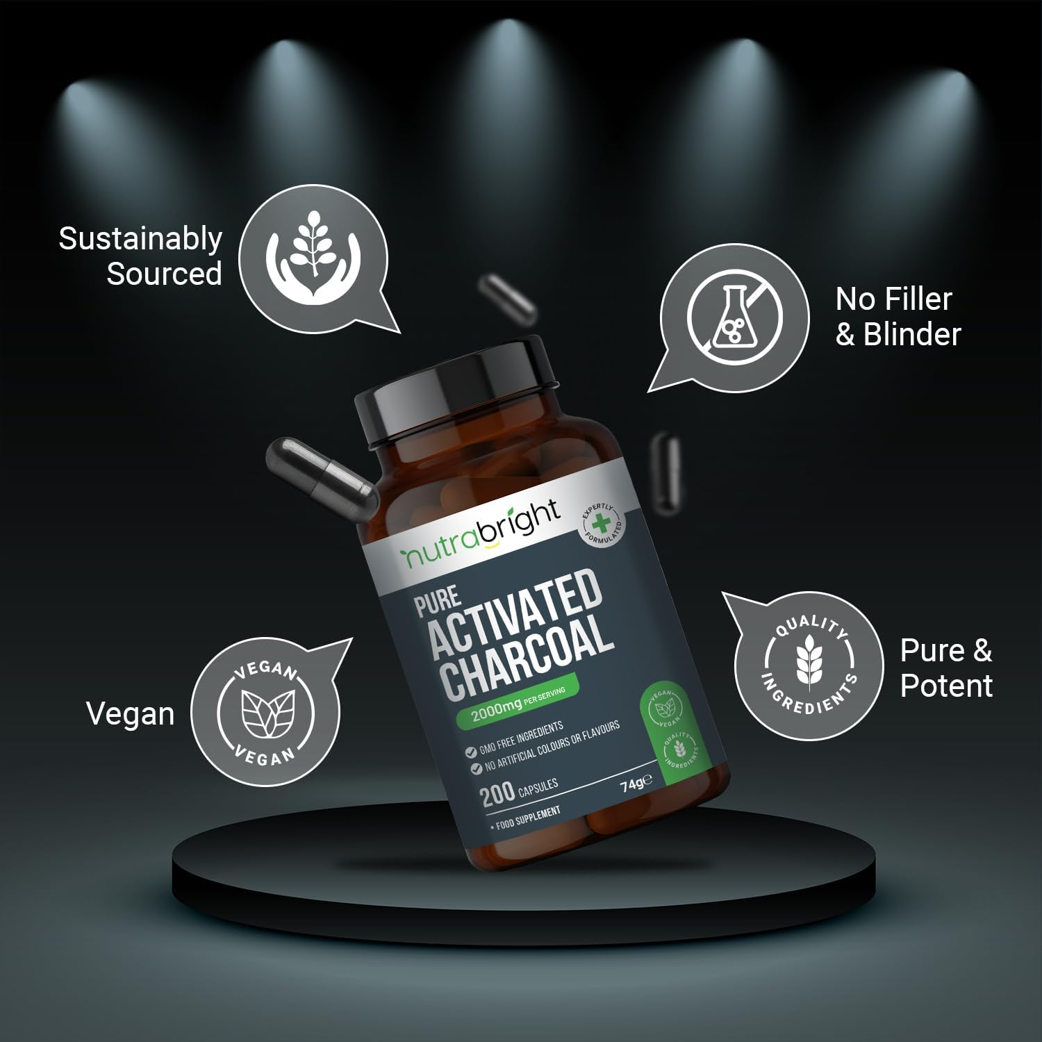 Activated Charcoal Capsules 2000Mg &ndash; 200 High Strength Capsules - 100% Pure Charcoal from Coconut Shells | No Added Filler and Blinder | GMO Free by Nutrabright image number 3