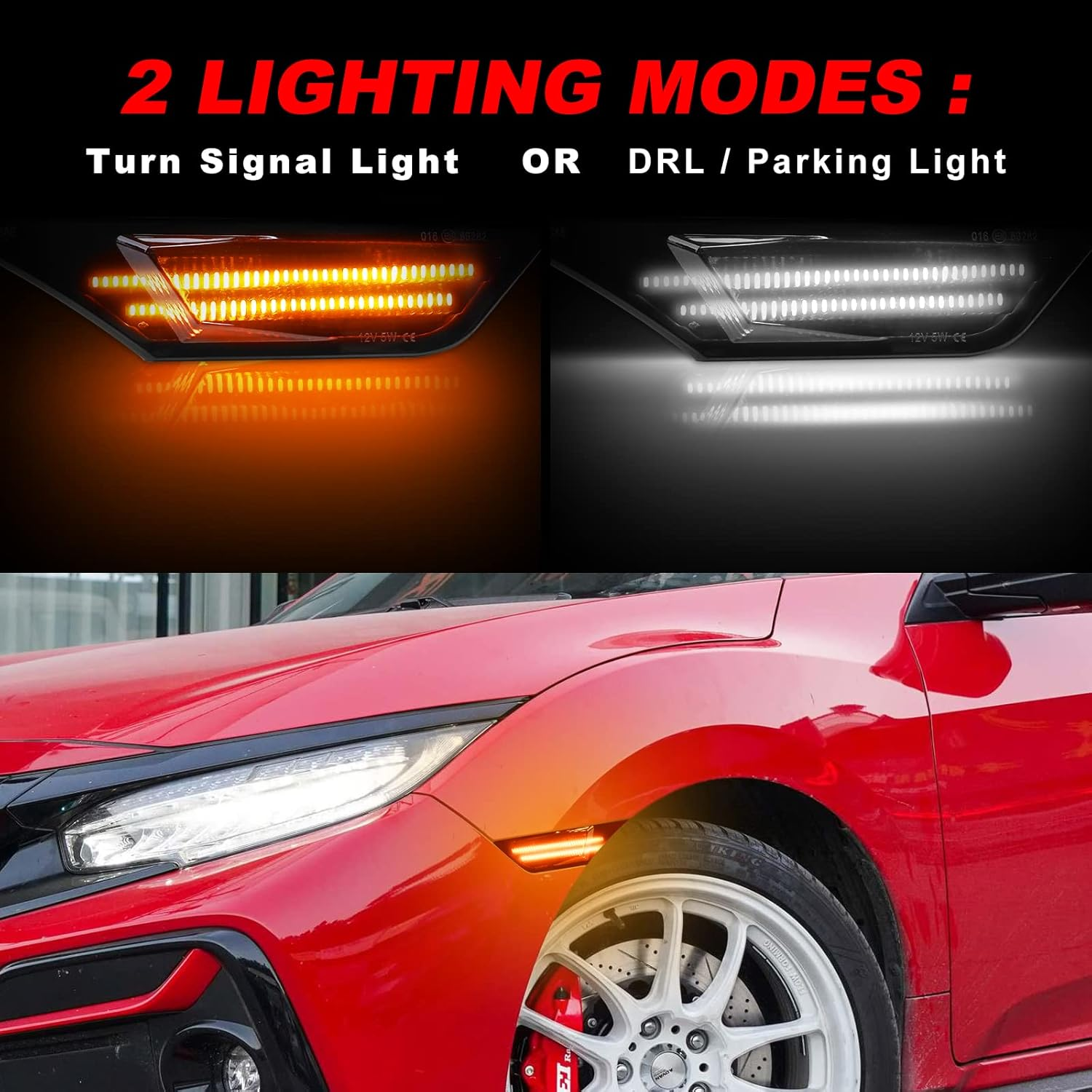 LED Side Marker Lights for Civic 2016-2021 Sedan Coupe Hatchback Switchback Amber Turn Signals White Running Position Lights Front Driver & Passenger Side,Pack of 2 image number 1