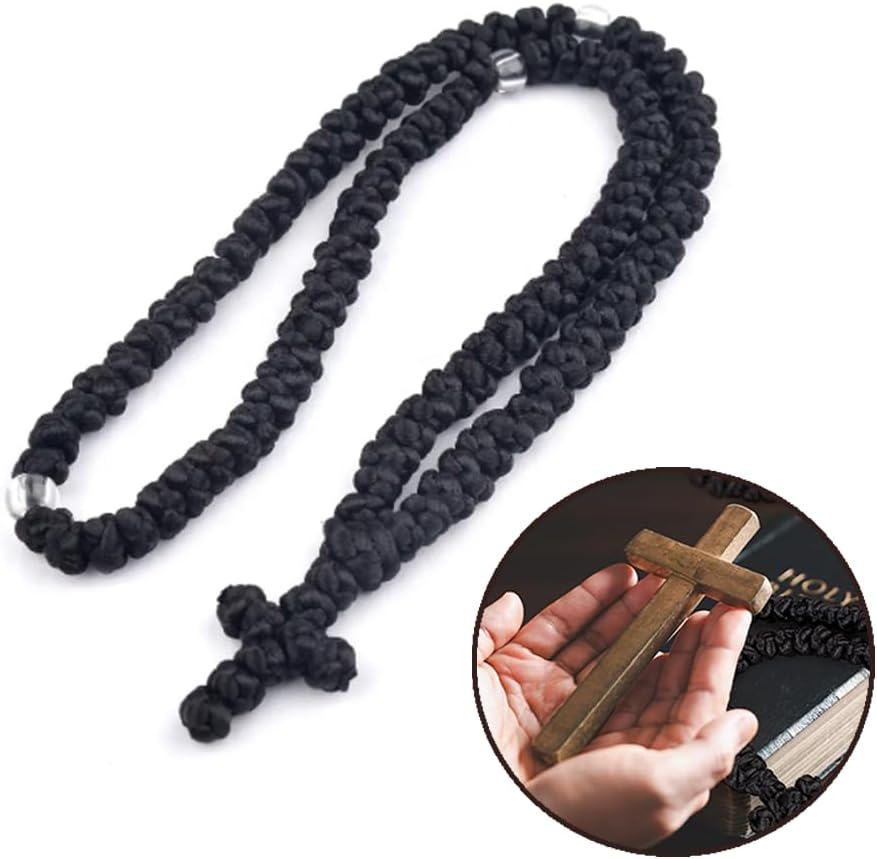 NYGHMY 1 Pcs Christian 100-Knot Prayer Rope (Black with Transparent Beads), Handmade Orthodox Prayer Rope with Cross Charm, Spiritual Protection Blessing, Handmade Transparent Bead Prayer Rope image number 1