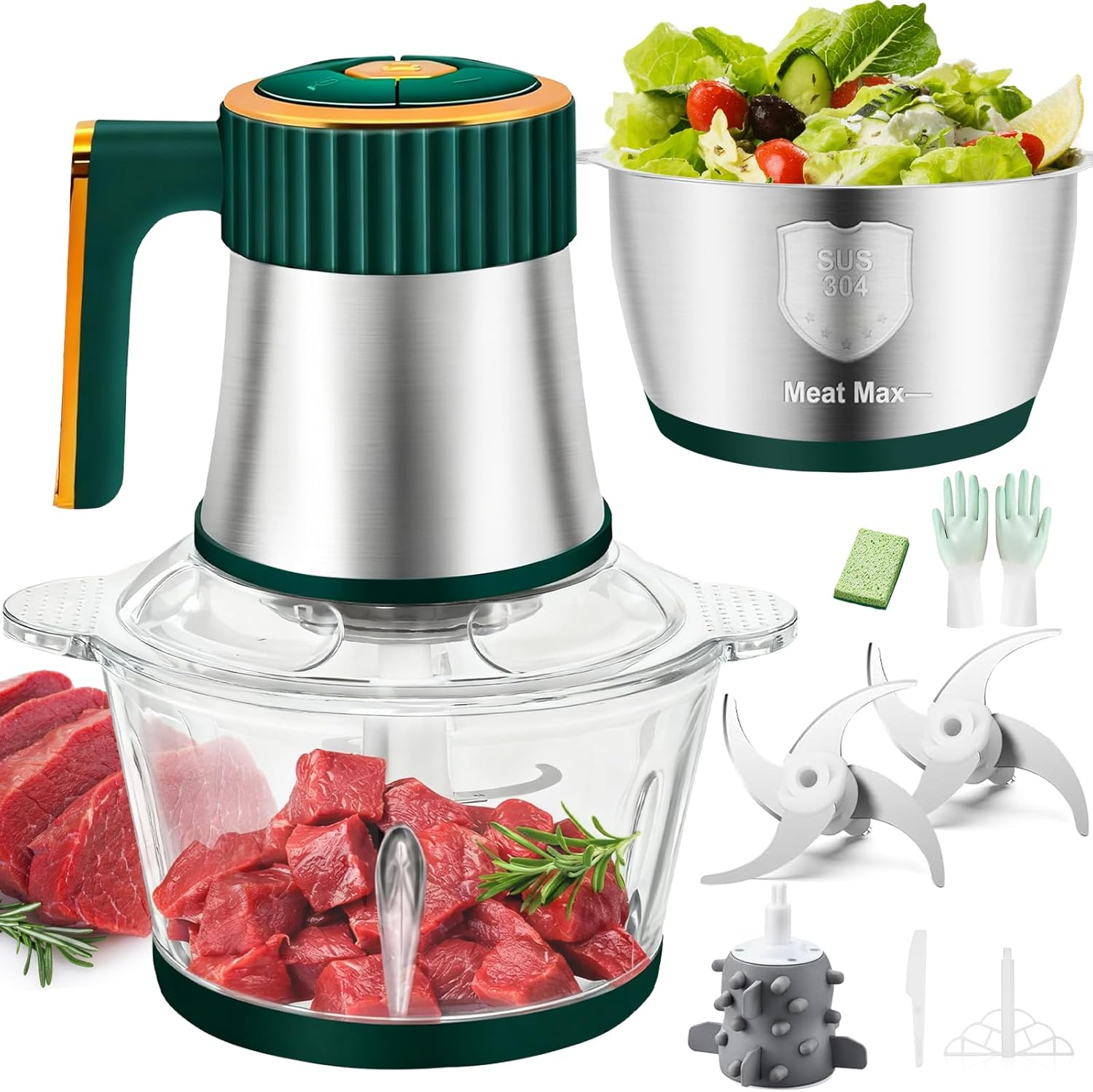5-In-1 Electric Food Processor with 2 Bowls(2L+2L), Food Chopper with 2 Bi-Level Blades, Mini Vegetable Chopper Meat Grinder Kit for Kitchen & Restaurants Electric Chooper for Onion Salad Garlic Fruit image number 1