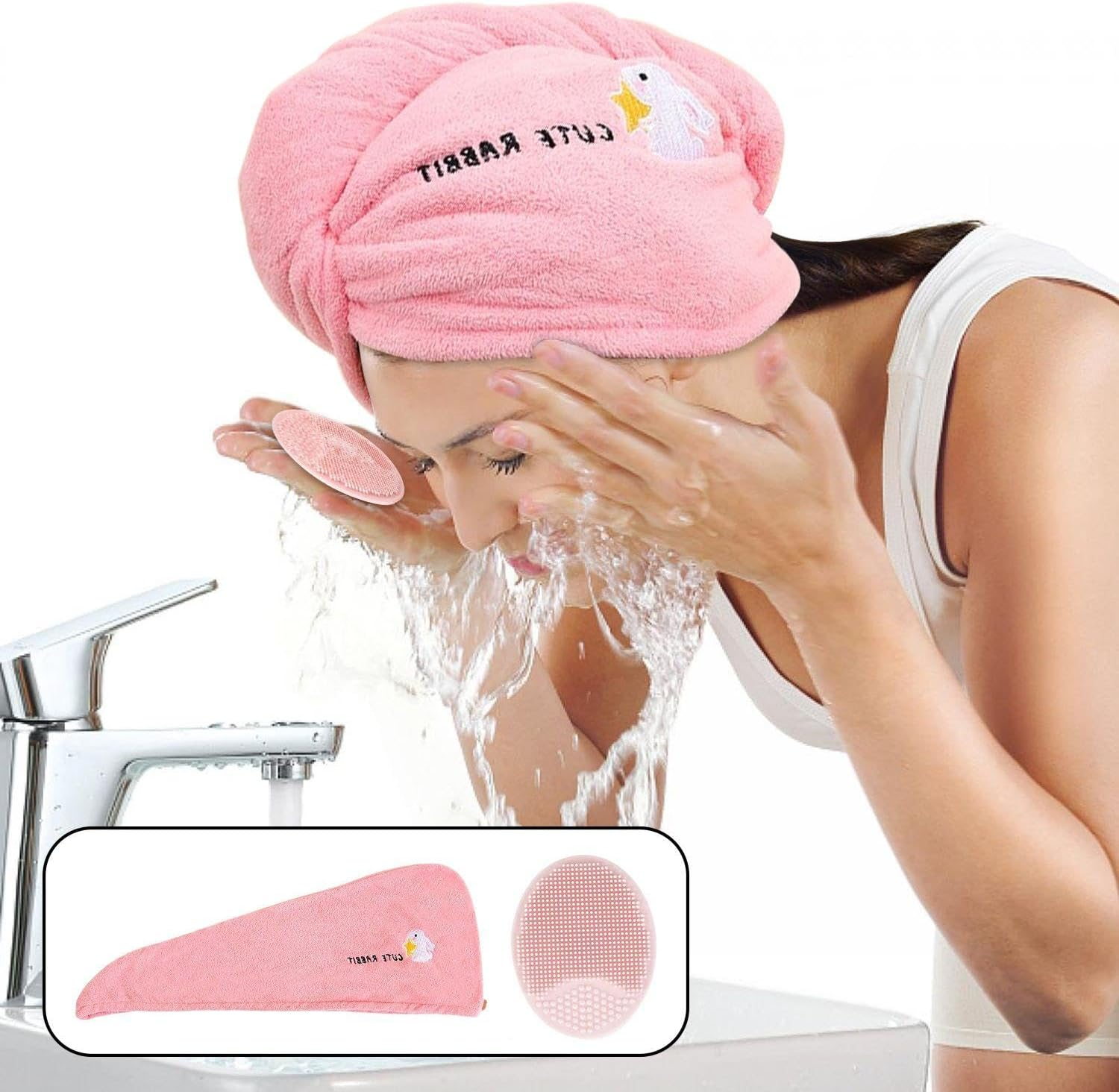 4 Pieces Dry Hair Cap, 2 Face Wash Brushes, Coral Mine Soft Turban, Long Hair Cap for Women, Water Absorbent Embroidered Towel, Bath Accessories