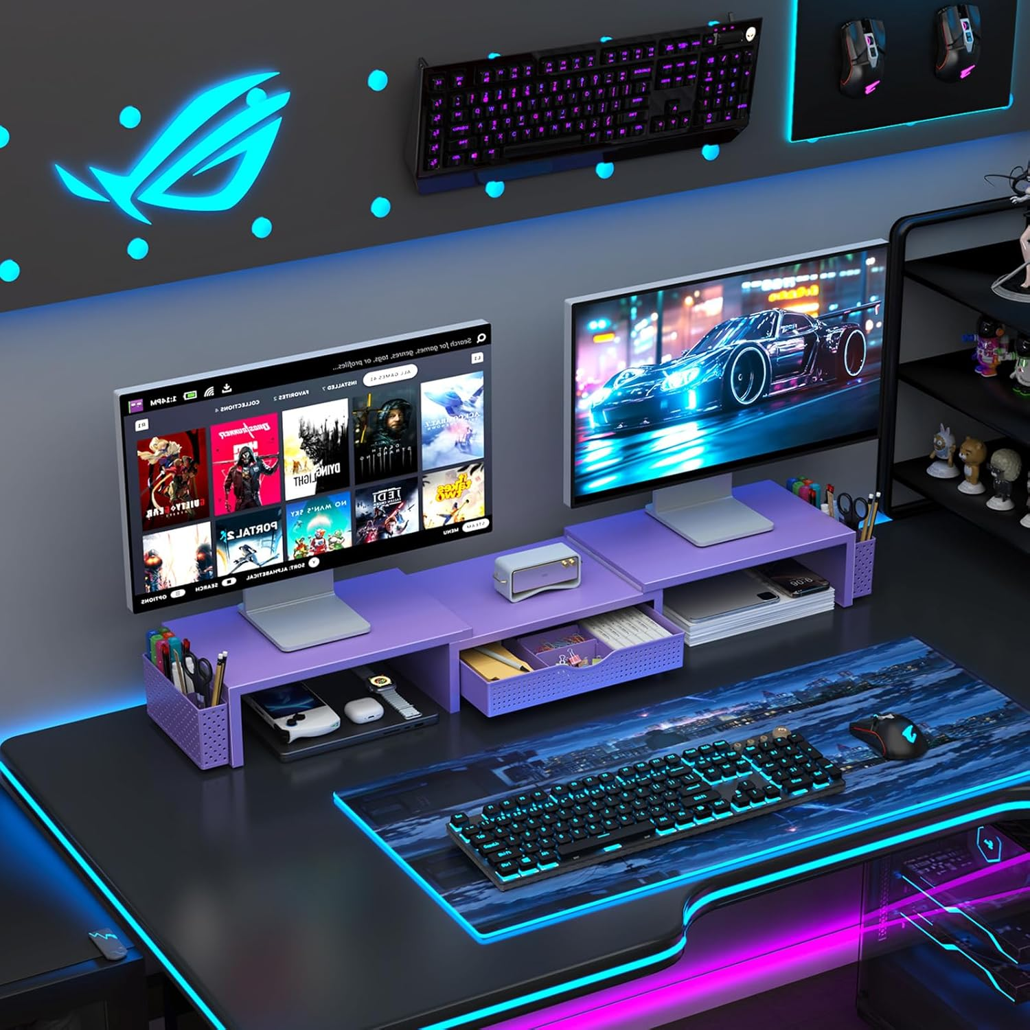 Gianotter Dual Monitor Stand Riser, Desk Organizer with Drawer and 2 Pen Holders, Desk Organizers and Accessories, Purple Office Decor (Purple)