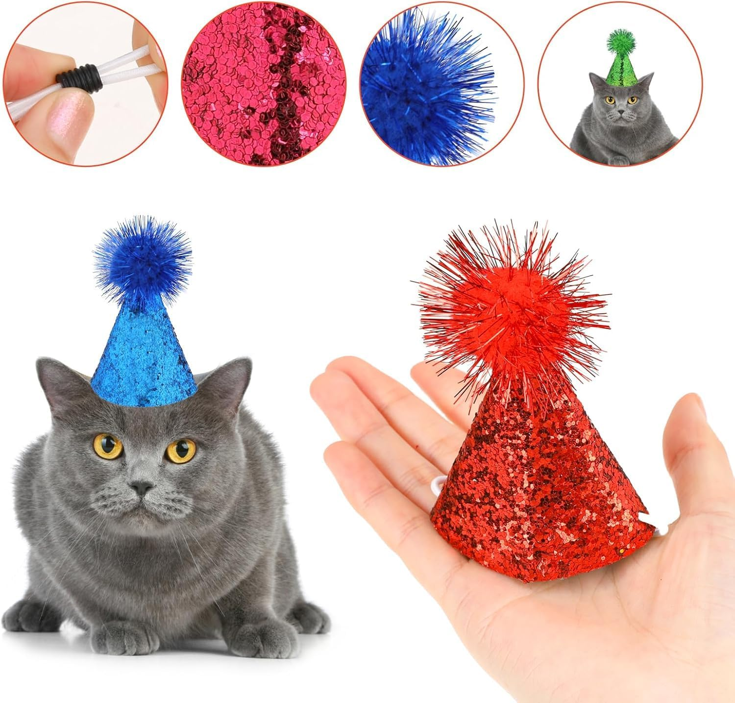 Cute Puppy Hat with Pompoms, 10Pcs Multi-Color Puppy Birthday Hat Dog Party Cap with Pom Poms Glitter,Colorful Cat Birthday Cute Dog Party Hats Glitter Hats with Pompoms image number 6