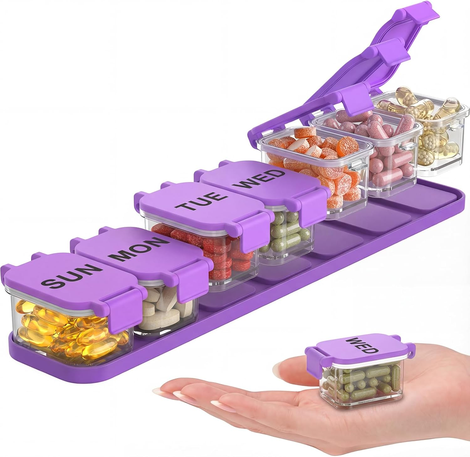 Extra Large Weekly Pill Organizer - Waterproof 7-Day Pill Box, Portable Vitamin & Supplement Case, Easy to Open Design, Ideal for Travel and Daily Medication Management (Rainbow)