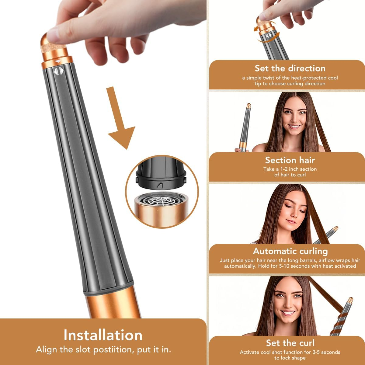 Conical Barrel for Dyson Airwrap Styler, 0.8-1.4Inch/ 20-36MM Auto-Wrap Curling Barrel Attachment for Dyson Airwrap HS01 HS05 HS08, Copper image number 5