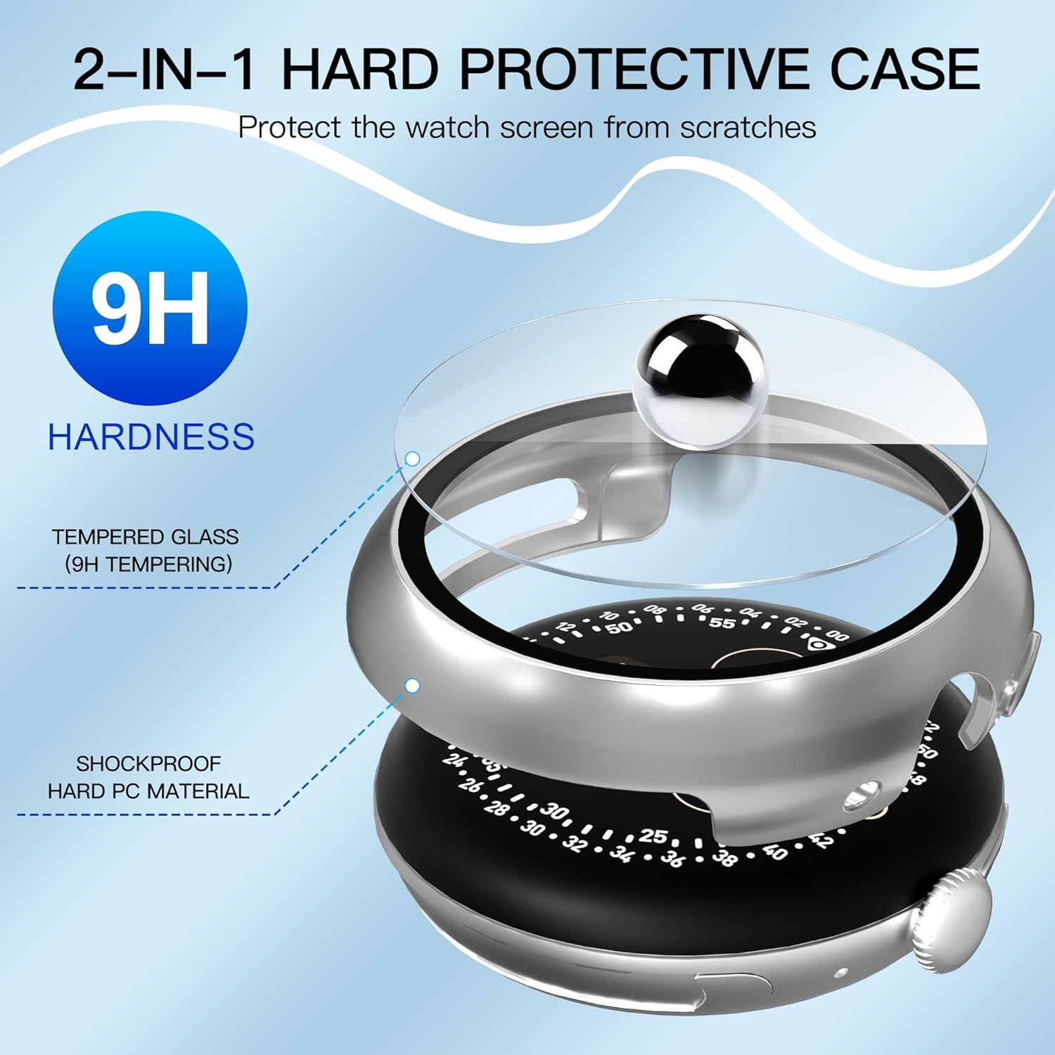 Diruite Pack of 3 Case for Google Pixel Watch 4 41 Mm Protective Case, PC Ultra Thin HD Tempered Glass Scratch-Resistant All-Round Screen Protector, Black, Silver and Transparent image number 3