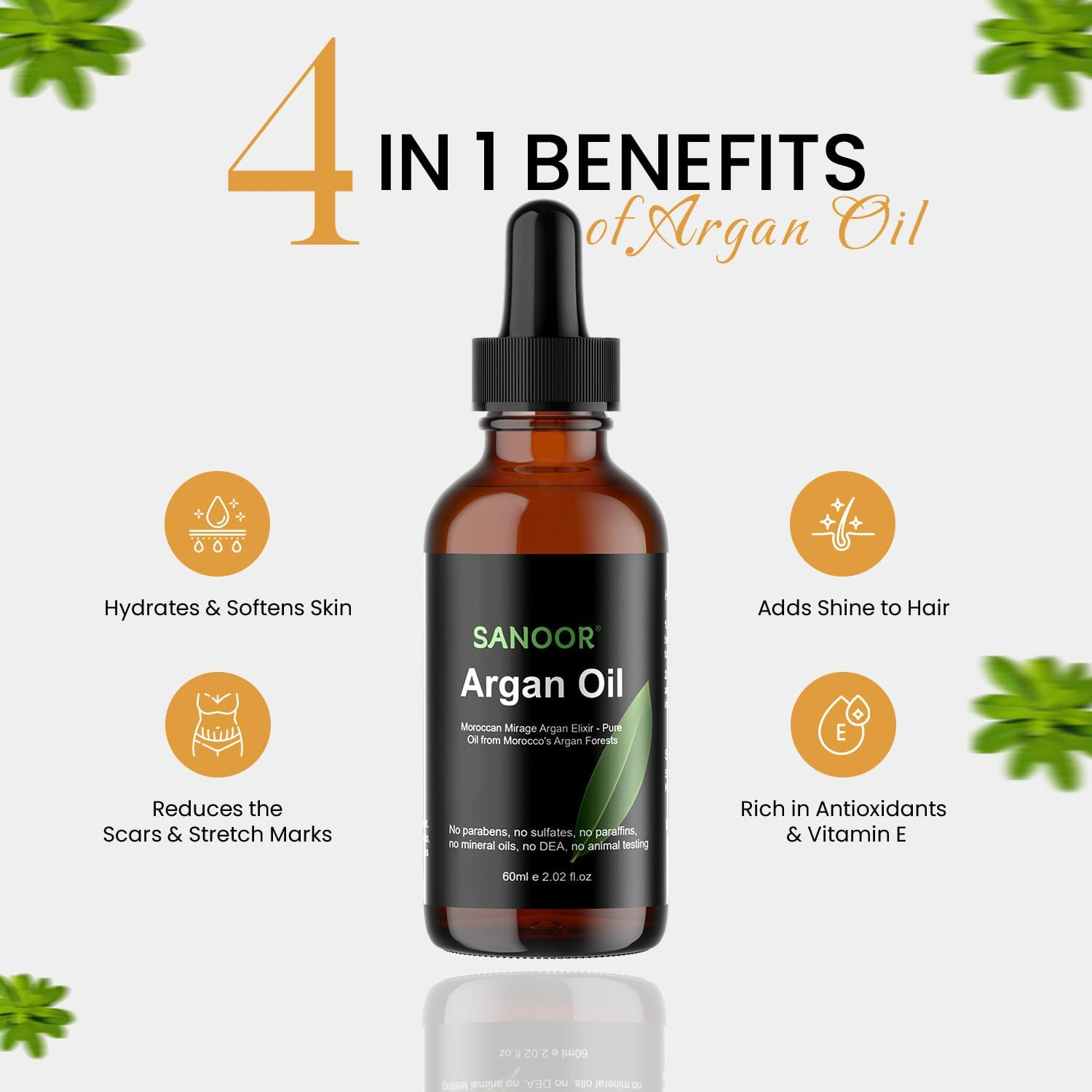 SANOOR Moroccan Argan Oil 60Ml &ndash; 100% Pure & Natural, FDA Approved, Cold-Pressed Oil for Hair Growth, Frizz Control, Skin Moisturizer, Face Glow, Beard & Nail Care &ndash; Vegan Beauty Oil for Men & Women image number 4