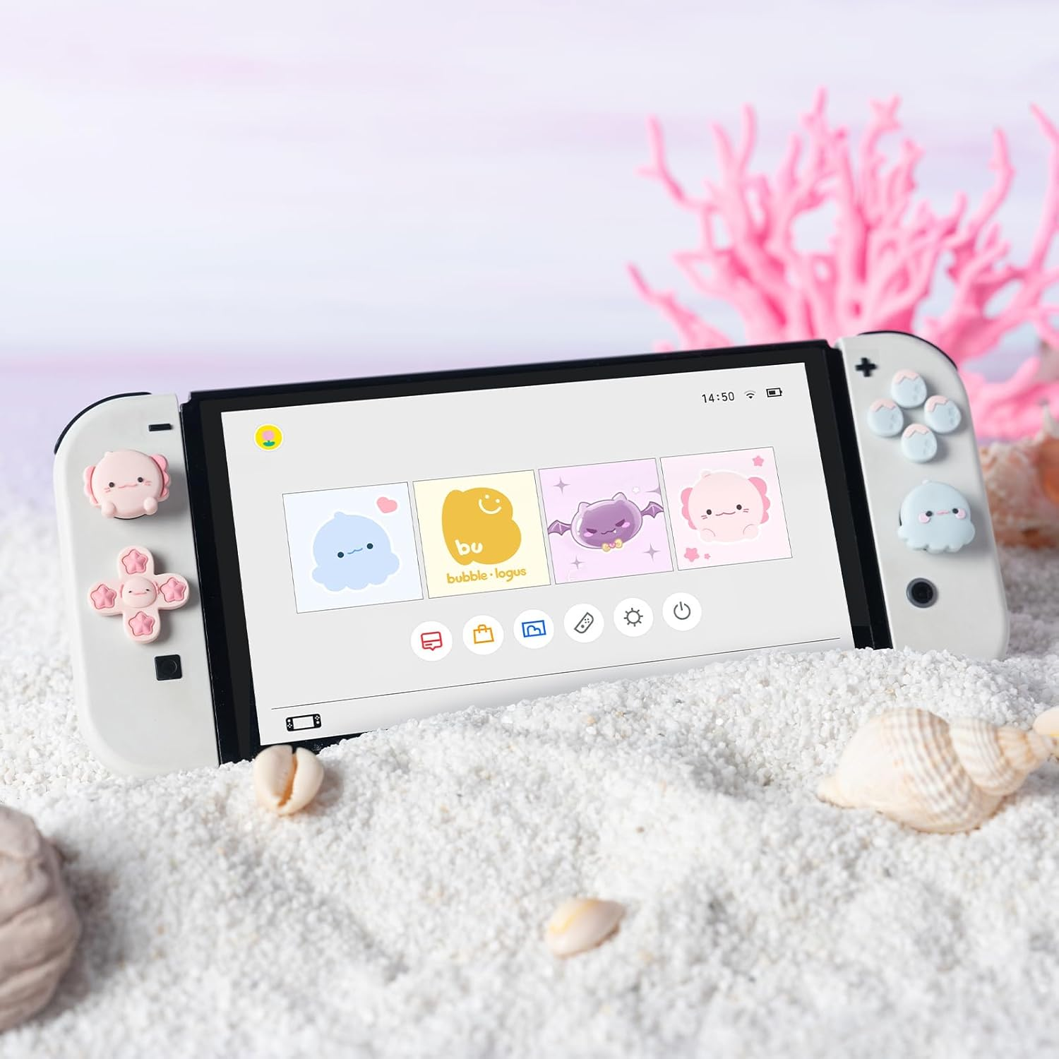 BUBBLELOGUS Soft Silicone ABXY Key Buttons Sticker Joystick Cover, Cute Cross D-Pad Button Caps Thumb Grips Set for Nintendo Switch/Oled Controller - Ocean Friends image number 1