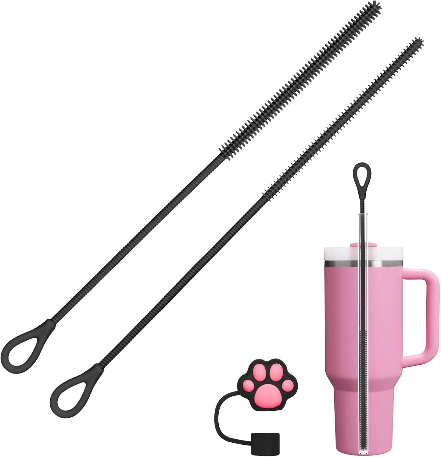 AYESY Silicone Straw Brush, 2Pcs 9.84In Extra Long Straw Cleaning Brush, Non-Slip Handle, Reusable Bendable Cleaning Tool for Cleaning Glass Metal Straws, 9Mm&6Mm