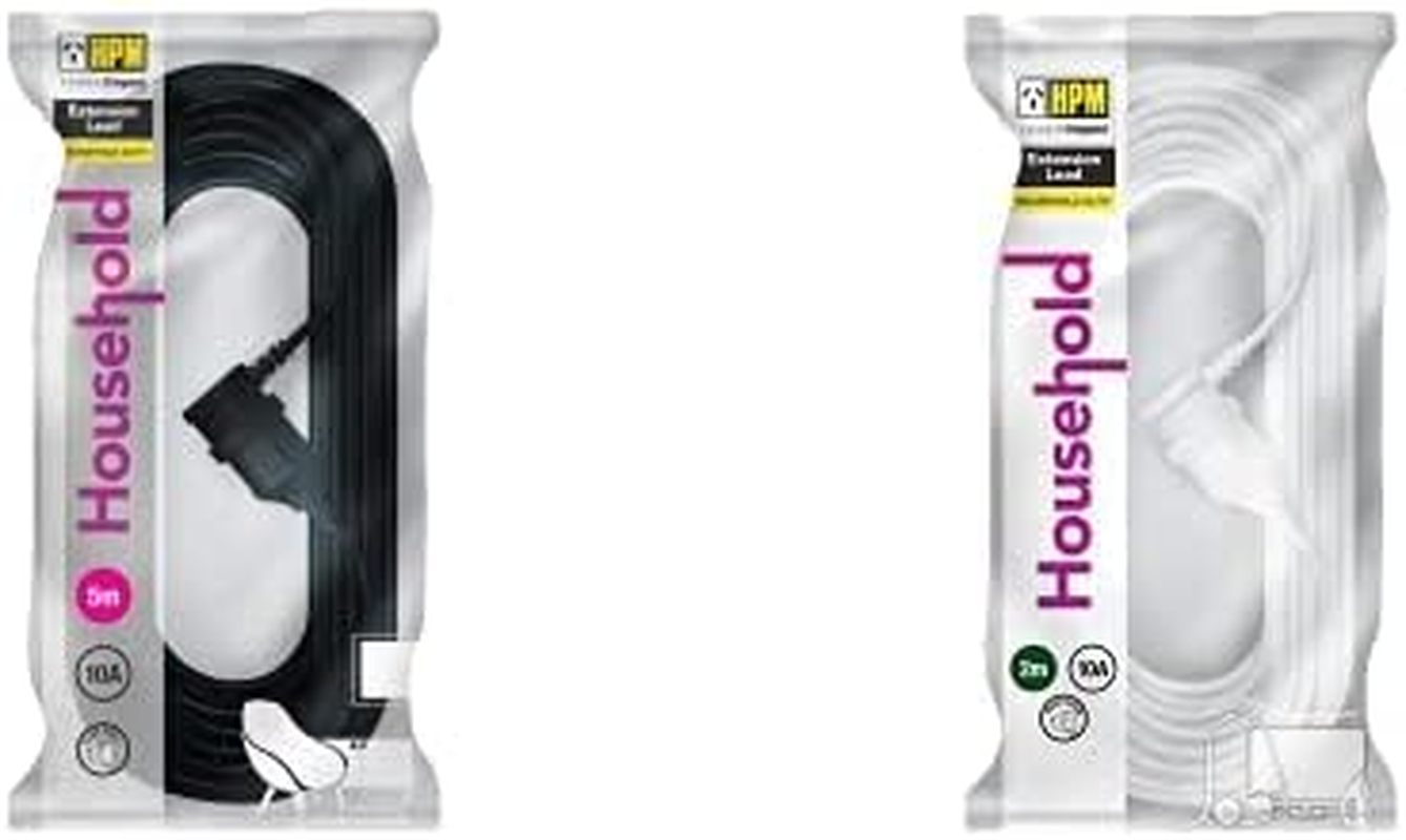 HPM Entertainment Extension Lead Black 5M + Household Duty Piggy Back Extension Lead White 2M
