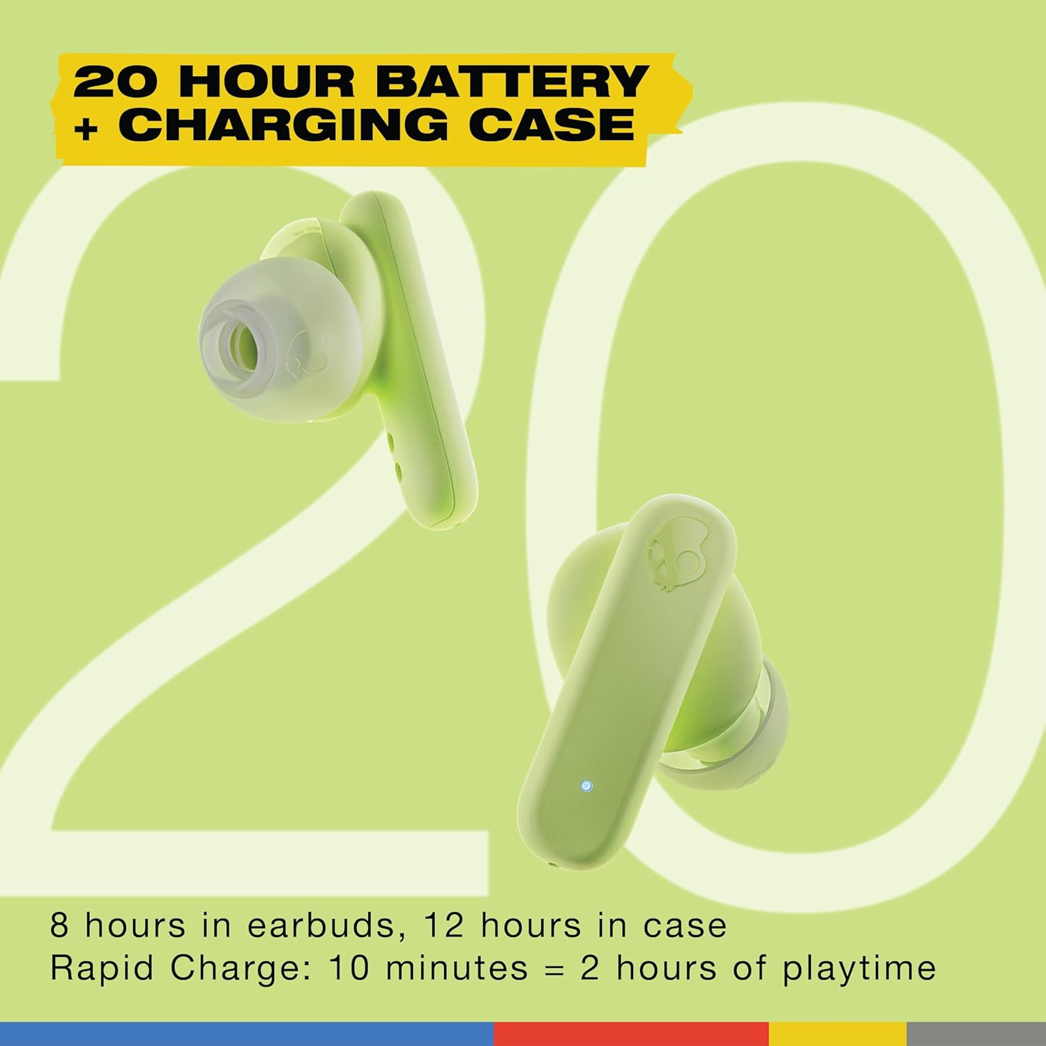 Skullcandy Smokin' Buds True Wireless Earbuds with Supreme Sound, 50% Renewable Plastics and Microphone, 20 Hours Battery, Bluetooth Earbuds for Iphone, Android, and More - Matcha - Bone image number 5