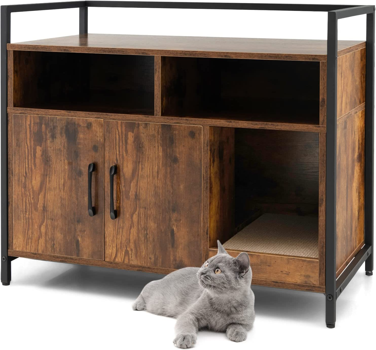 Costway Cat Litter Box Enclosure, Hidden Washroom with Storage & Scratch Pad, Indoor Pet Crate W/Golden Metal Frame, Modern Furniture for Bedroom, Living Room, White,(Pv10054Wh-Costway)