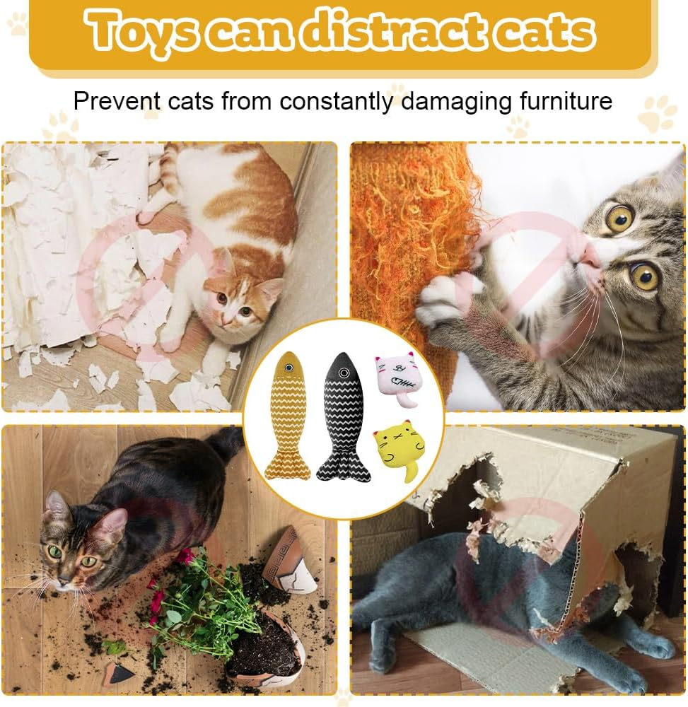 4 PCS Cat Catnip Fish Toy Set - Soft Kicker Toys + Linen Chew Toys + Adorable Fish Pillow, Interactive Play Toys for Cats & Kittens