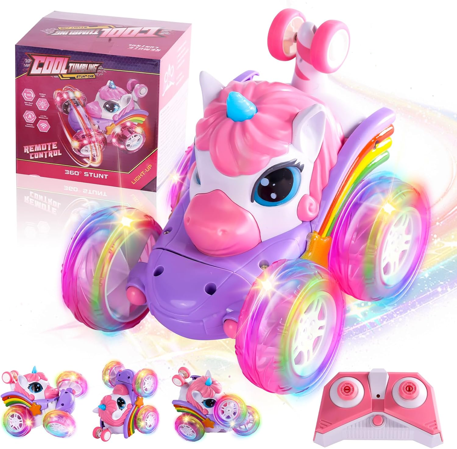 LOYOBOHO Remote Control Car for Girls, Pink 360&deg; Rotating 4WD Stunt RC Cars with Cute Cool LED Lights, 2.4Ghz Toy Car USB Direct Charging RC Cars Birthday Gifts for Kids Girl Age 3-6 7-9