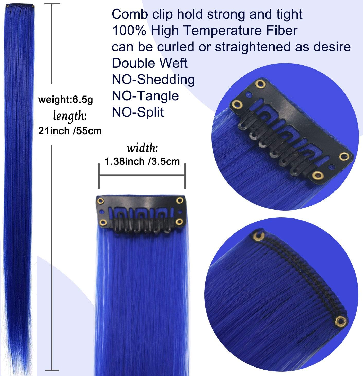 Rhyme 9PCS 21" Colored Clip in Hair Extensions Blue Hair Extensions for Women Girls Hair Clips Party Highlights Hair Accessories (Blue) image number 6
