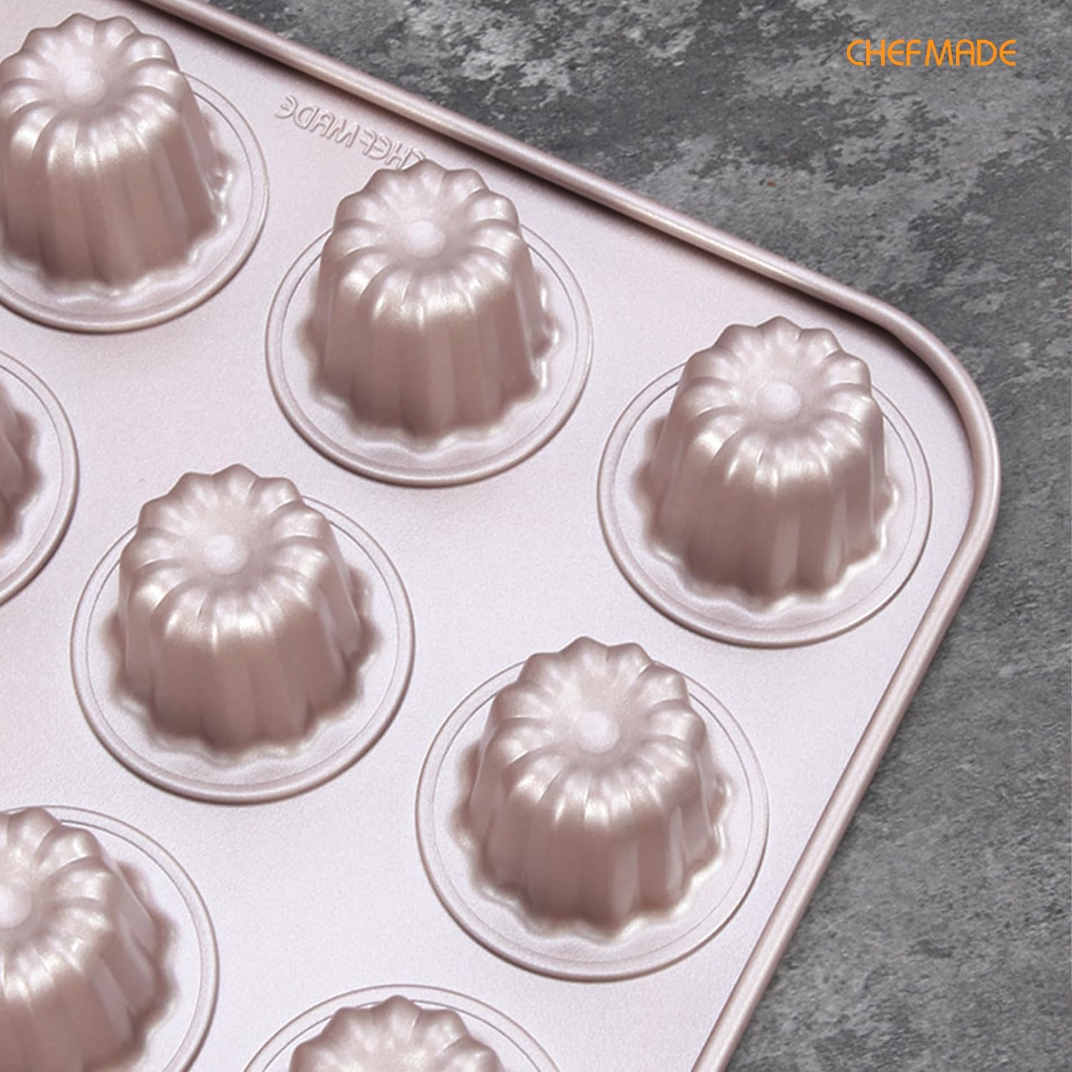 CHEFMADE Mini Canele Mold Cake Pan, 20-Cavity Non-Stick Mini Canele Muffin Bakeware Cupcake Pan for Oven Baking (Champagne Gold), (Gold-Bake-Wk9952) image number 4