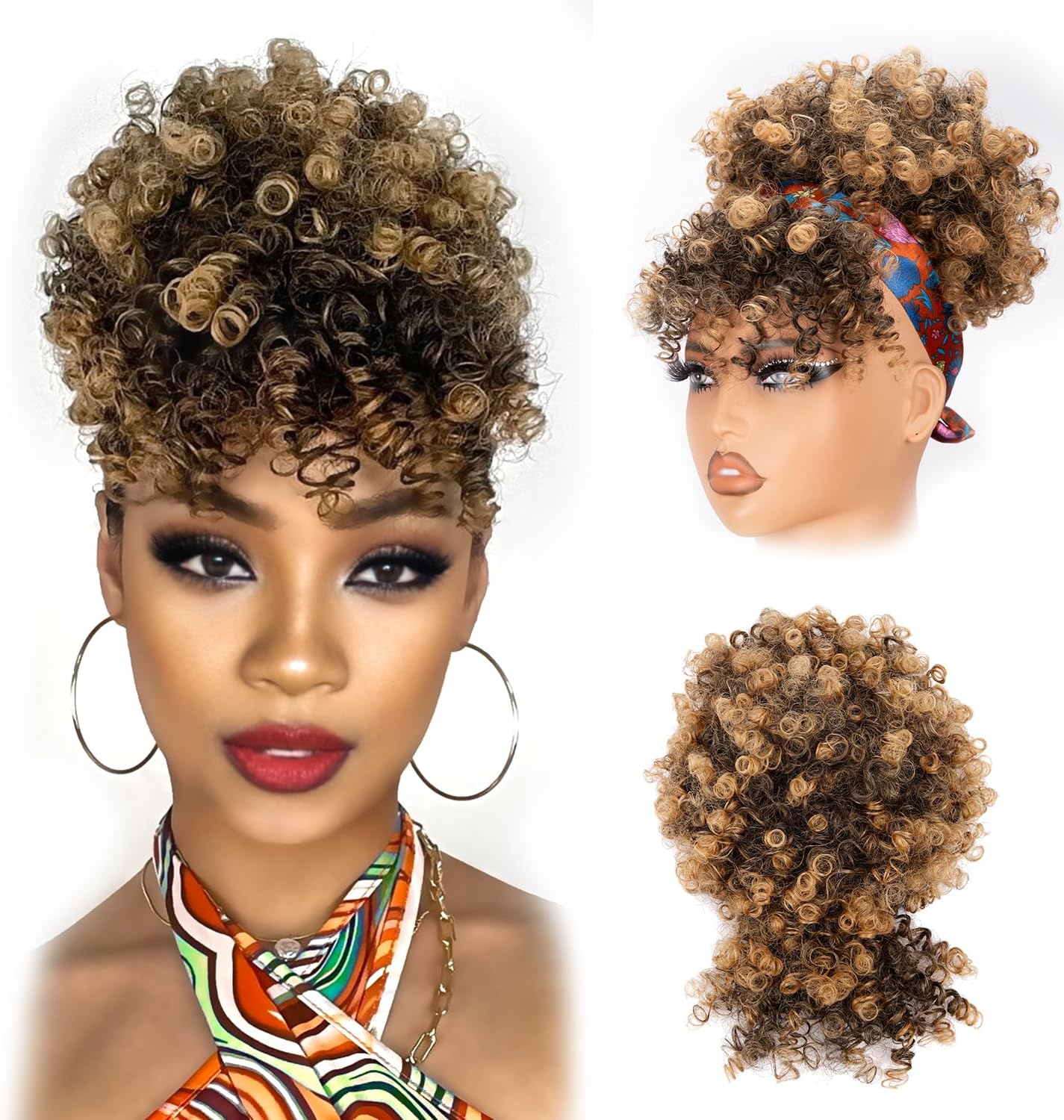 Builson Ponytail with Cord for Black Women Afro Puff Kinky Curly Hair Ponytail Extension with Bangs Natural Hair Ponytail (T27 Natural Black/Blonde) T27 Natural Black / image number 2