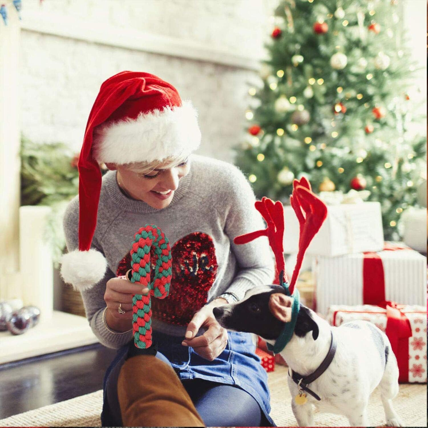 Christmas Stocking Toy，2 Pack Christmas Dog Rope Toy Gift Set Candy Cane Rope Toy Cotton Chew Toy for Puppy Medium and Largr Dogs Teething Cleaning and Training image number 4