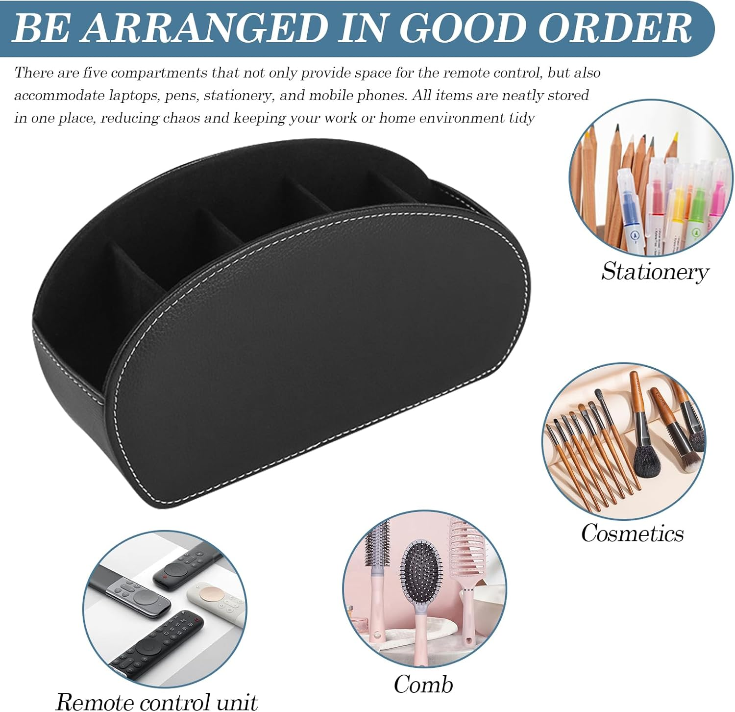 WIYETY Remote Control Holder with 5 Pockets: Remote Control Storage, Desk Organiser, for Remote Controls, Notebooks, Stationery, Pens, Mobile Phone - Black