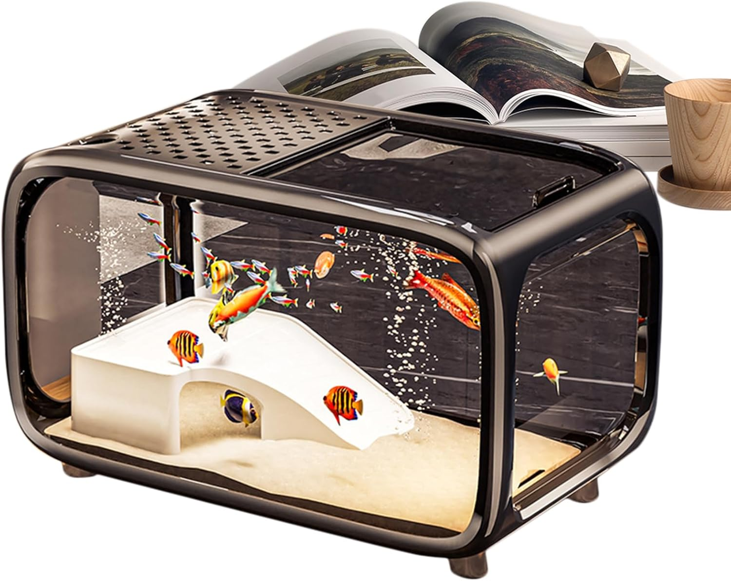 Desktop Fish Tank, Betta Tank Landscape Aquarium, Clear Acrylic Landscape Container Bowl with Top Feeding Hole for Betta Shrimp Snails Turtle Aquatic Animals