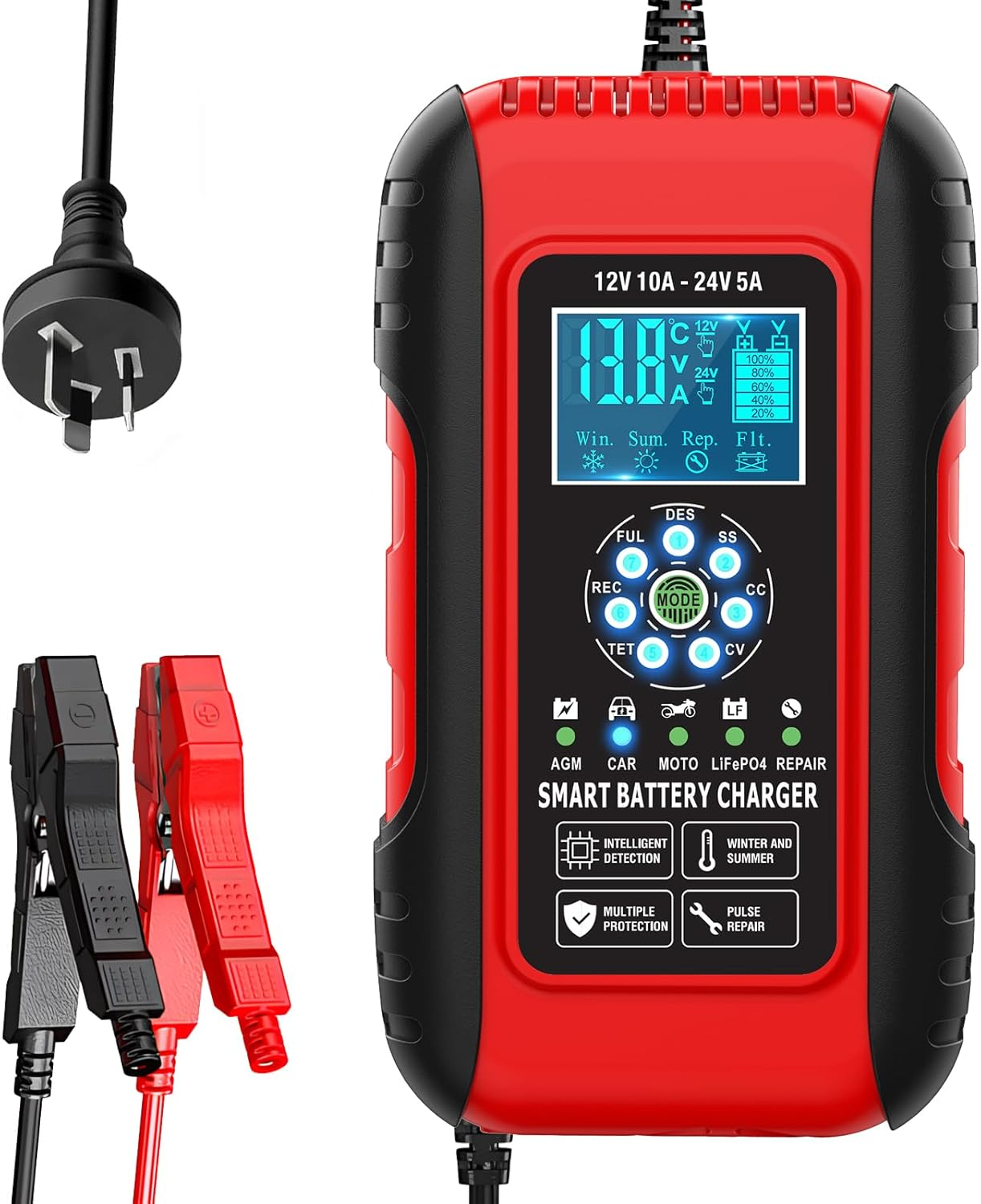 B-Qtech 10-Amp Car Battery Charger, 12V/24V Smart Fully-Automatic Battery Charger 7-Stage Maintainer with Pulse Repair Function for Car Motorcycle Lawn Mower Boat Marine Lead Acid Batteries（Au Plug）