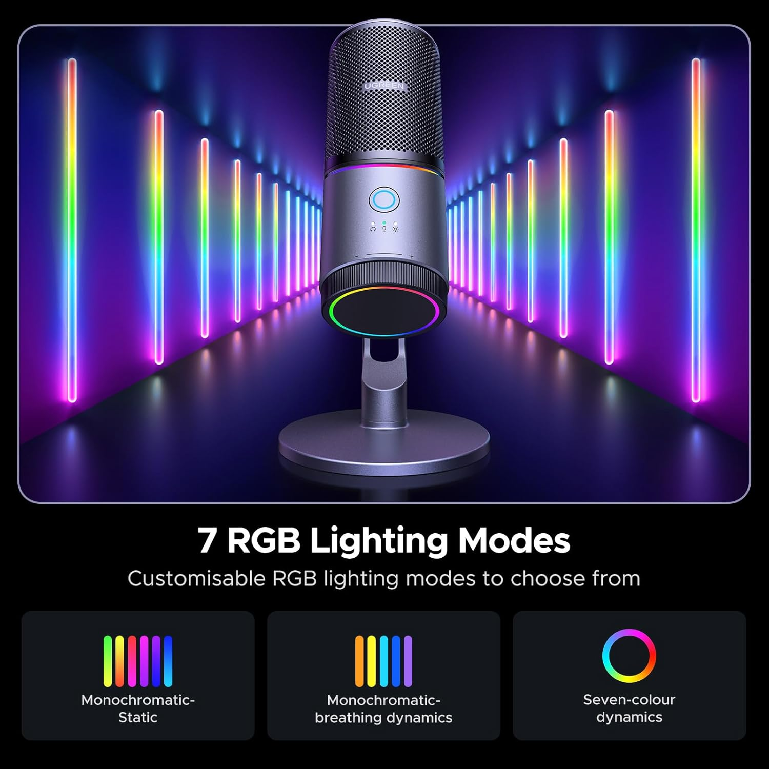 UGREEN Condenser Microphone for PC, USB Mic with RGB Lights, Mute Button, 24Bit/96Khz, Cardioid Polar Pattern, Volume Control, for Streaming, Gaming, Podcasting, Recording, Laptop, PS5 image number 6