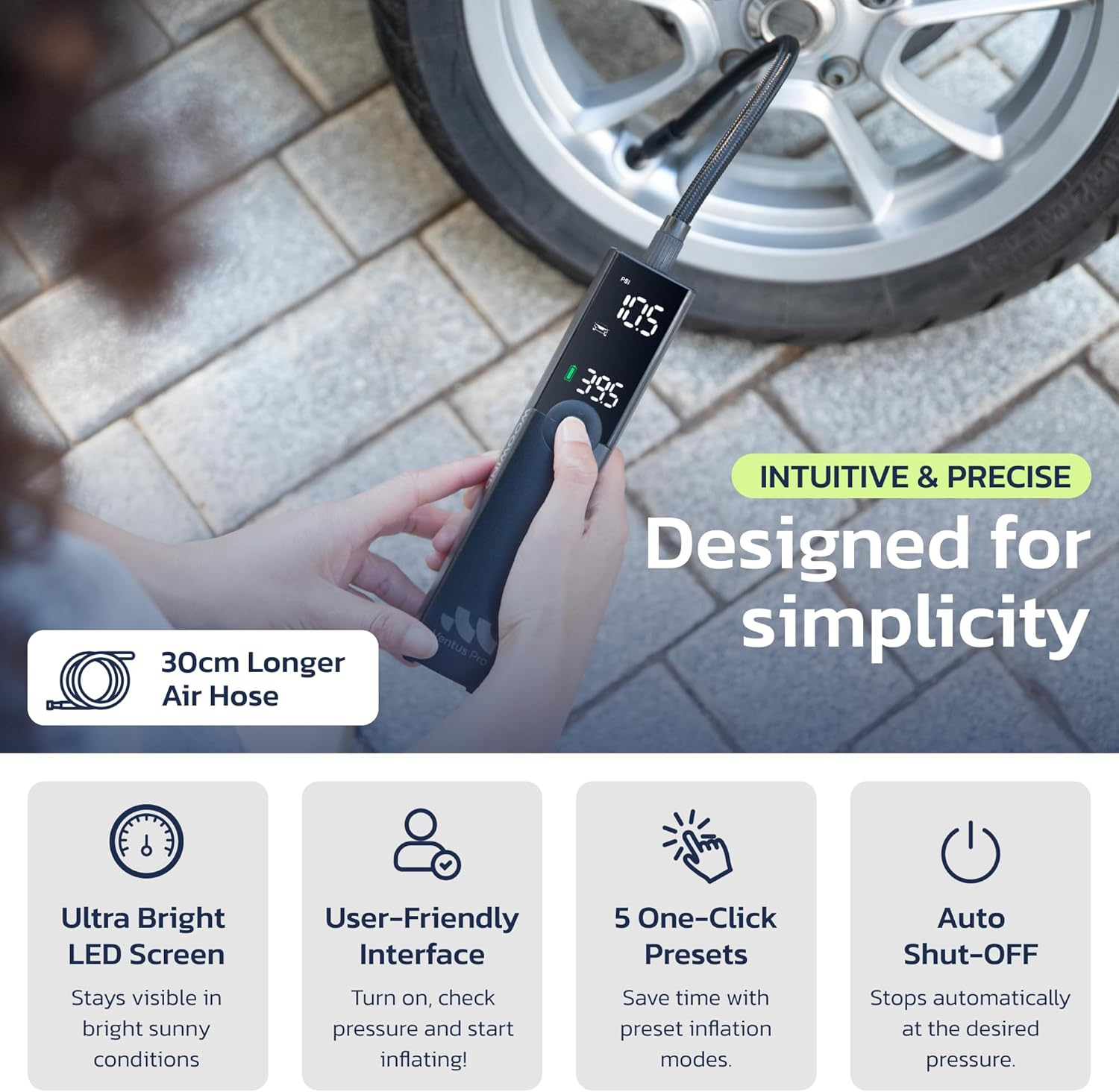 Tyre Inflator Portable Air Compressor for Car, Bike, Motorcycle, SUV, Offroad & Truck - Fast Car Pump, 150 PSI, Cordless & 12V DC, Auto Shut-Off, LED Display & Emergency Light by Woowind image number 3