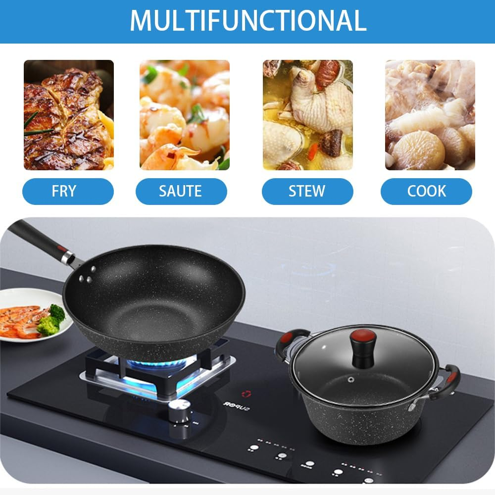 GUDAJIN 3 Piece Stone Cooking Pan, Non-Stick Frying Pan, Home Kitchenware Non-Stick Cookware Set, Pans, Frying Pans and Stew Pans Set for Baking, Grilling, Frying, Roasting image number 2