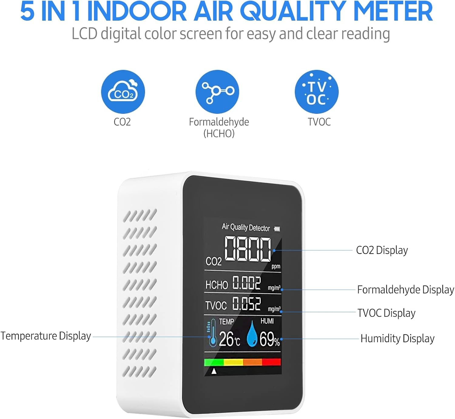 Portable Air Quality Monitor Indoor CO2 Detector 5 in 1 Formaldehyde HCHO TVOC Tester LCD Temperature Humidity Tester Reable CO2 Alarm Meter for Room Office Greenhouse Warehouse image number 5
