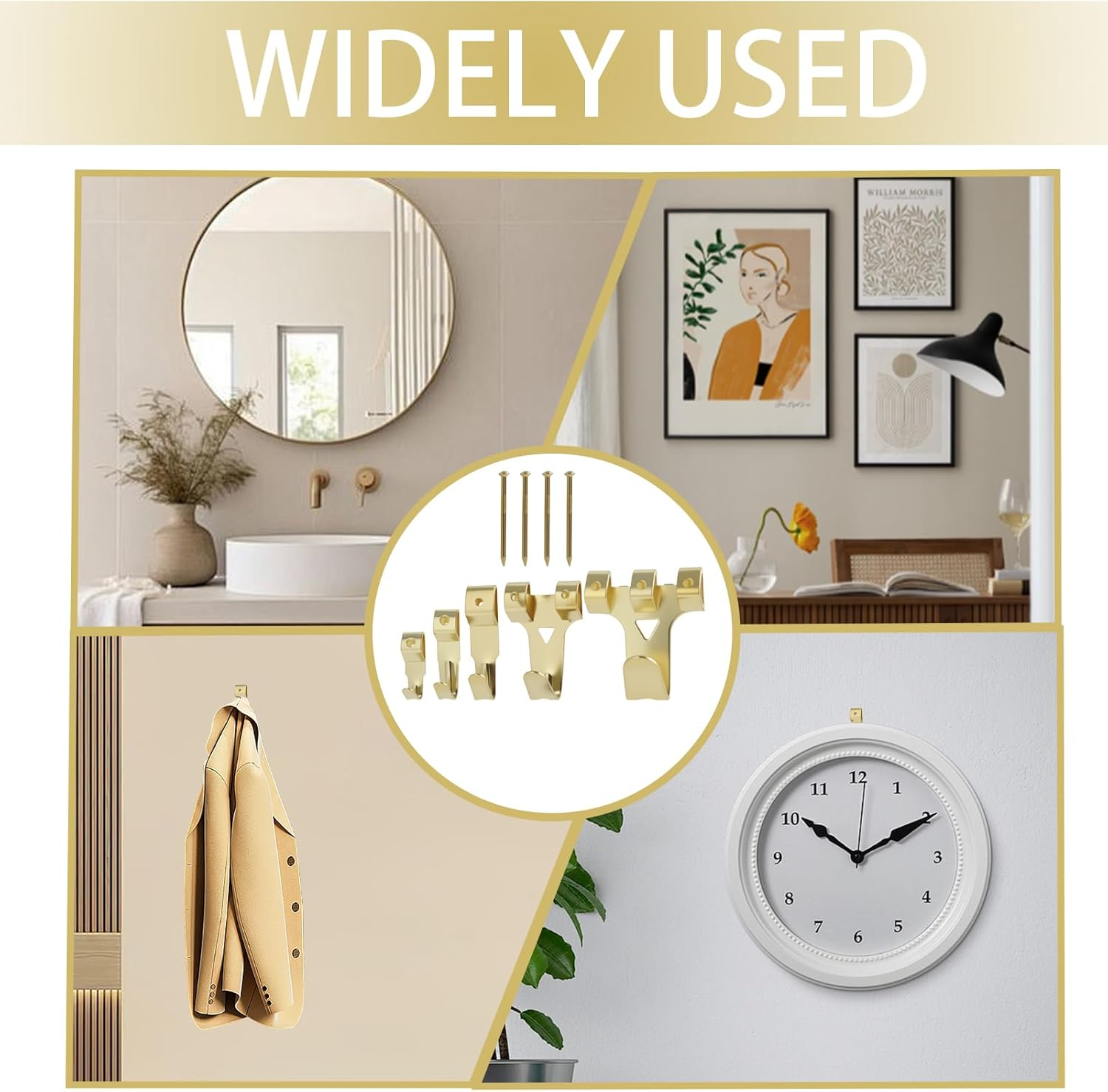 282 Pcs Picture Hooks Set, Picture Hanging Kit with Heavy Duty Frame Hooks, Nails, D-Ring, Sawtooth Hardware, Gold Metal Picture Hanger Assortment for Frames Mounting image number 3