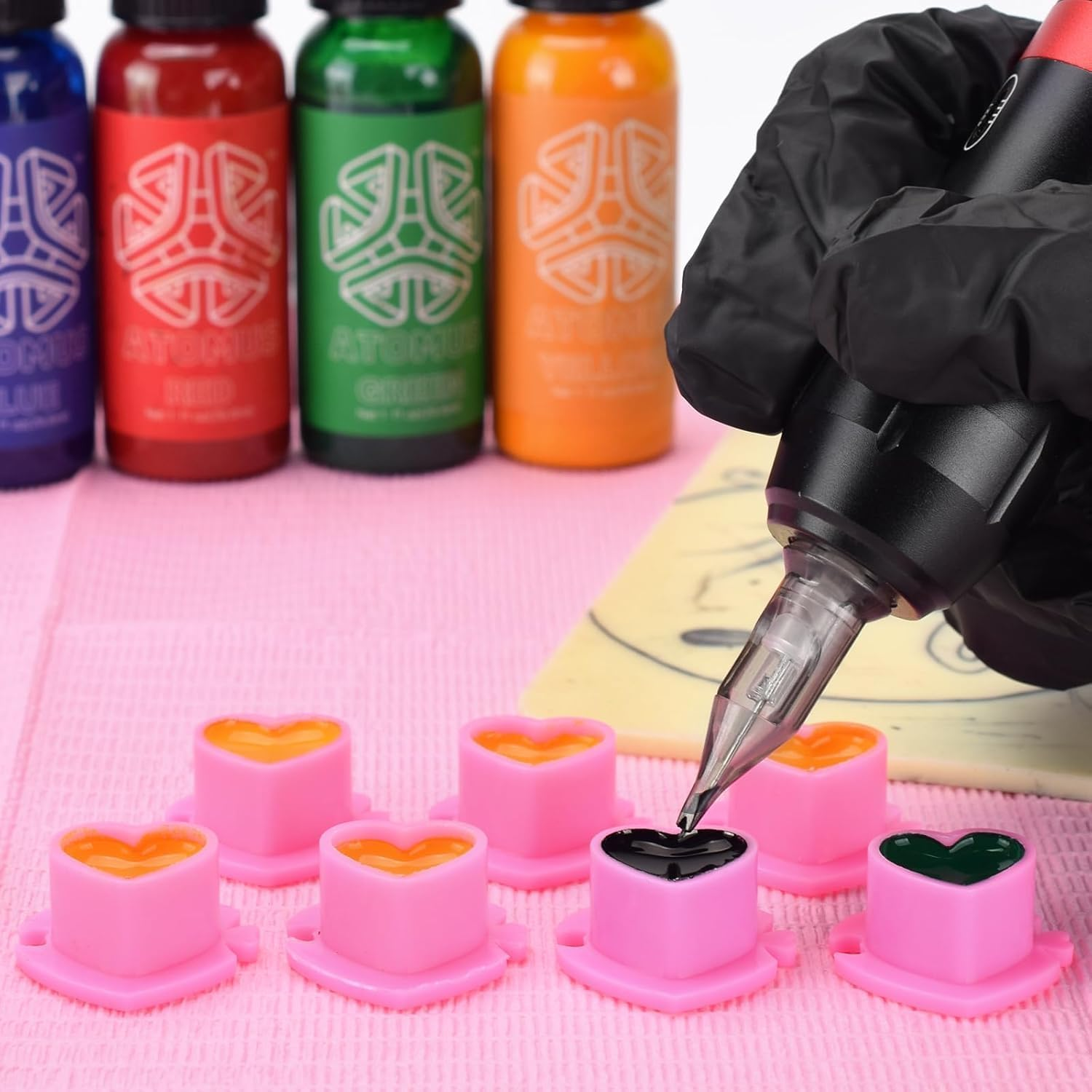 Heart-Shaped Tattoo Ink Cups with Base Pink, 200Pcs Pink Heart Design Silicone Ink Cups, Silicone Tattoo Ink Holders image number 1