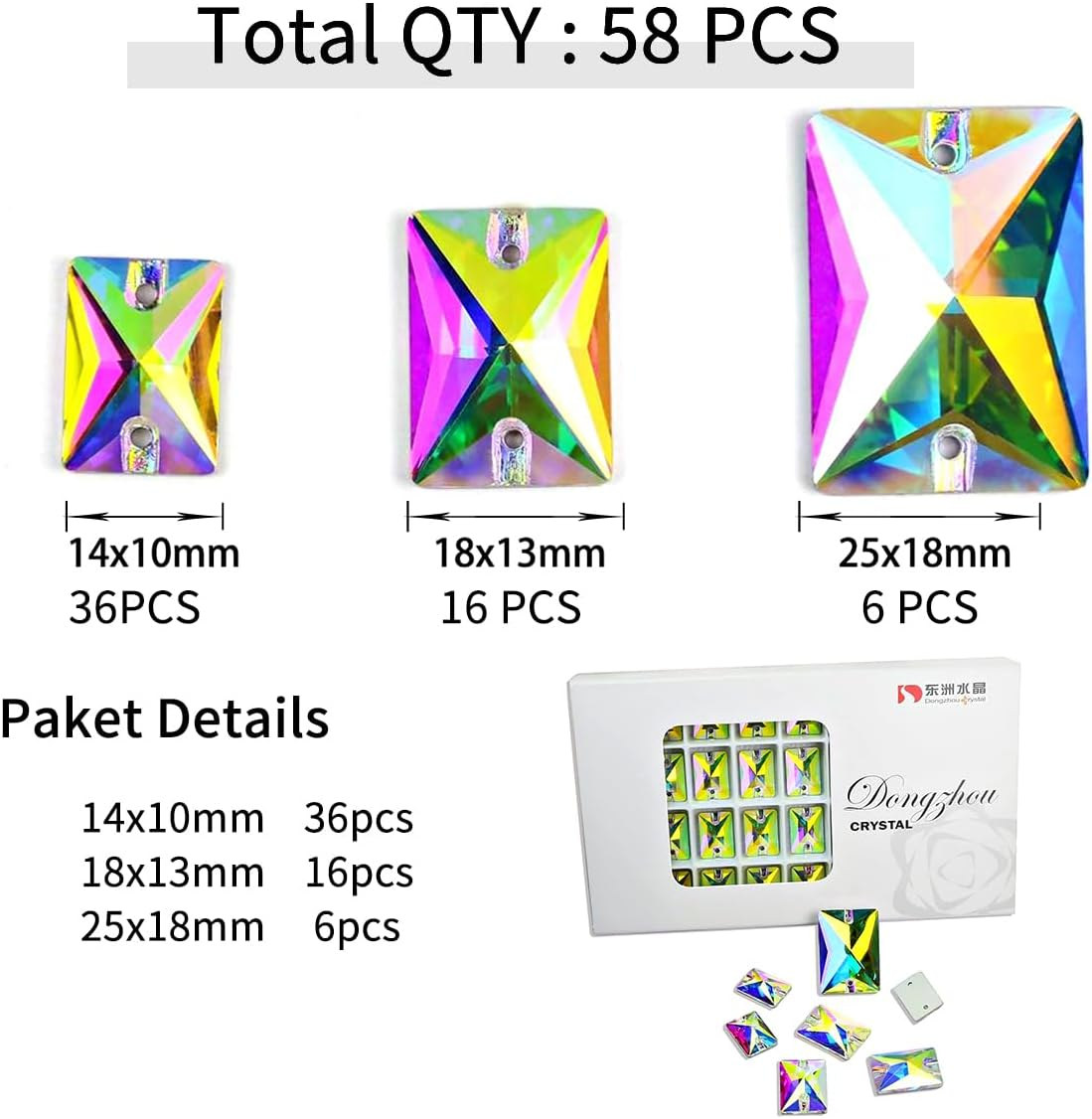 DONGZHOU Crystal AB Sew on Rhinestones Flatback Rhinestone with Holes Rectangle Sew-On Rhinestone Gemstone Strass for Costume, Clothes, Garments, Dress, Jewelry, Belt，Shoes and DIY Crafts image number 6