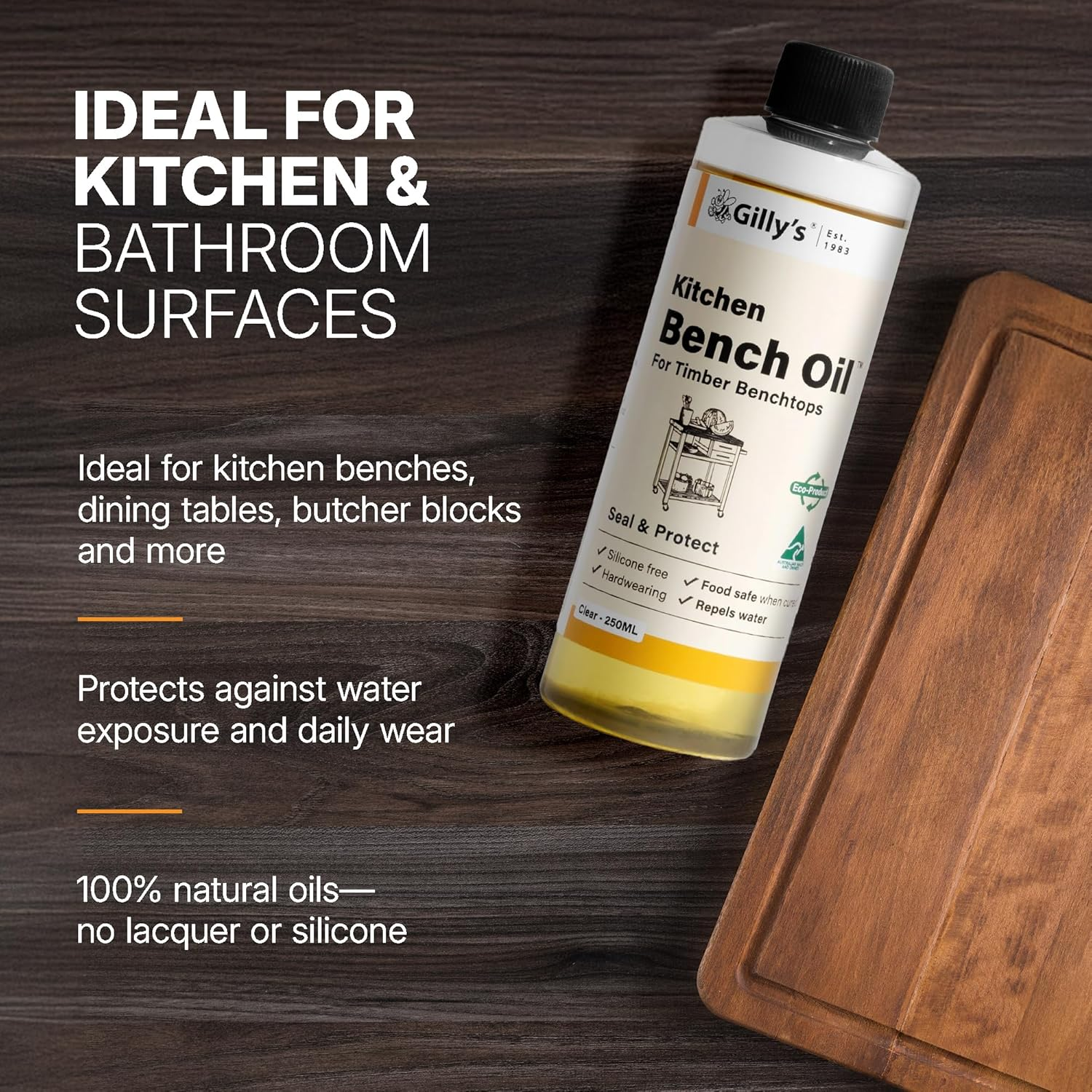 Gilly'S Kitchen Bench Oil 250Ml | Tung Oil-Based Natural Timber Sealer for Benchtops, Tables, Cabinets, and More | Water Repellent, Easy Maintenance, No Silicone or Synthetic Resins image number 3