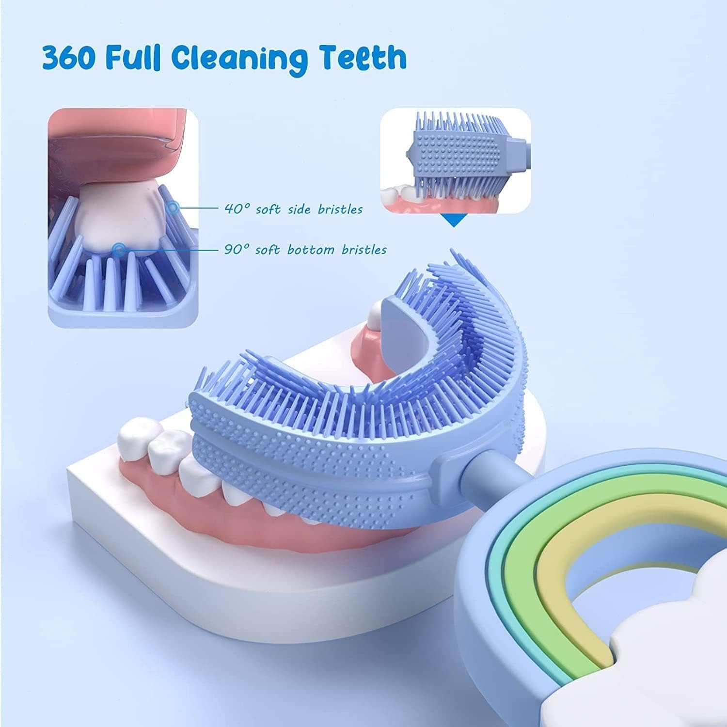 U-Shaped Children'S Toothbrush, Food-Grade Soft Silicone Toothbrush, 360&deg; Oral Cleaning Design for Infants (2-6 Years Old)(Blue) - Yellow image number 2