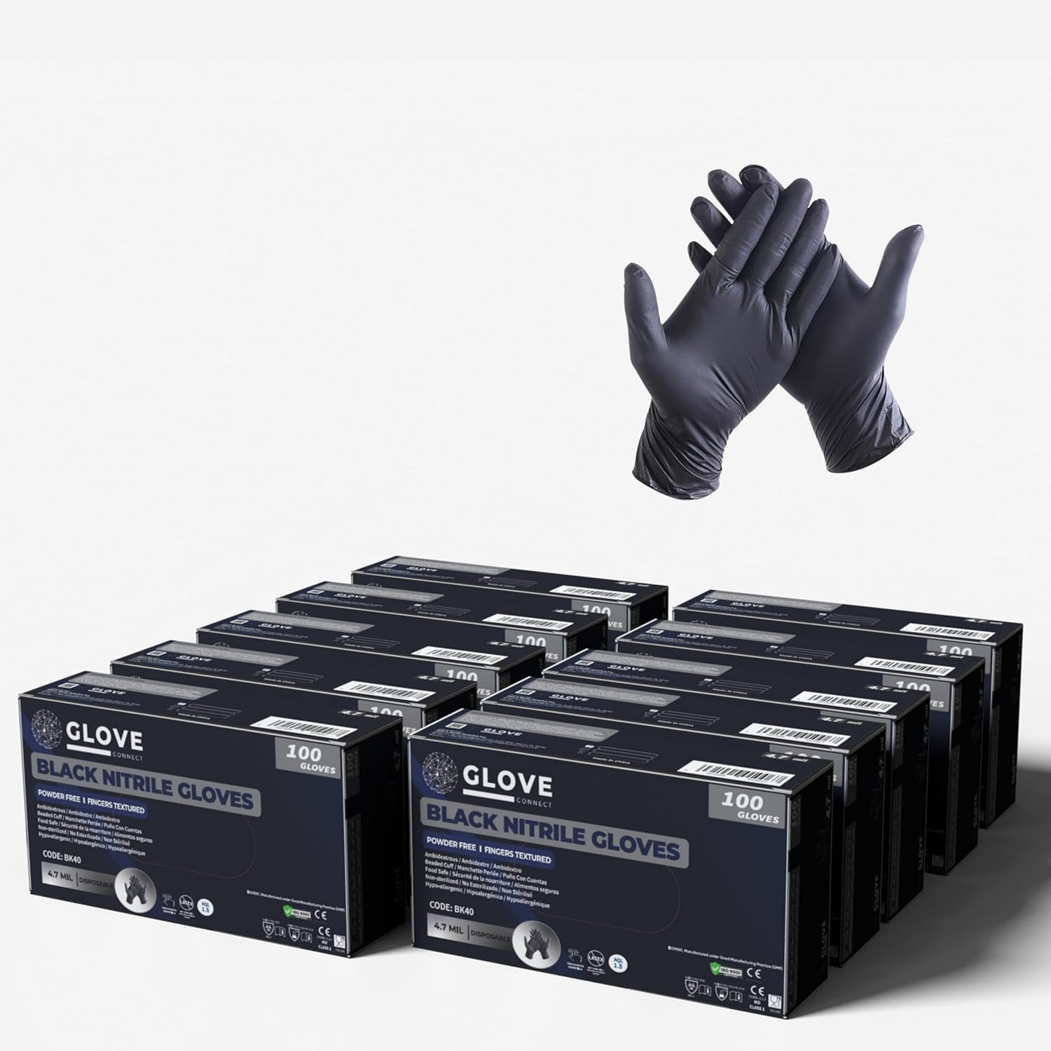 10X Box (1000 Gloves) Glove Connect 6G Black Nitrile Gloves, 4.7 Mil Thickness image number 2