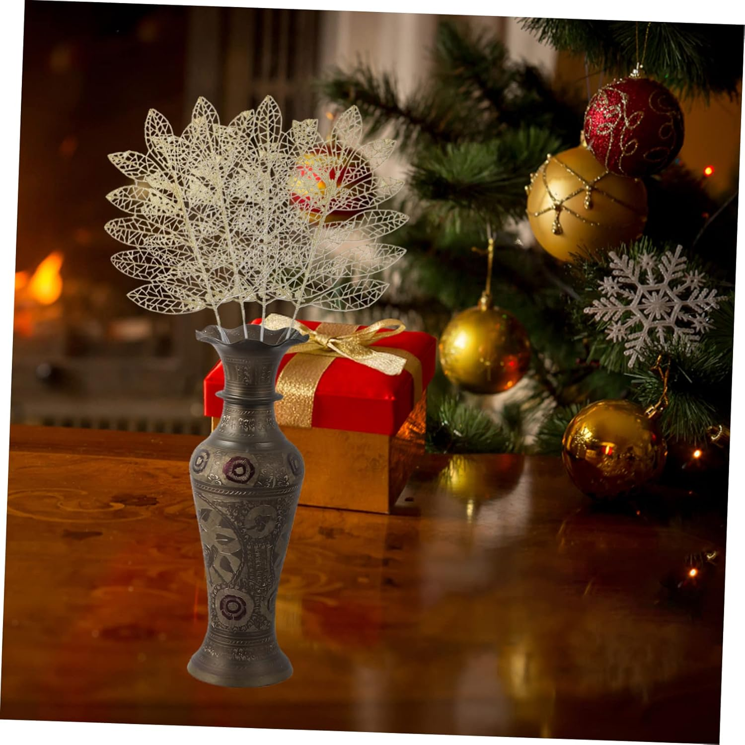 5Pcs Christmas Decor Artificial Plant Leaves Simulation Rose Leaf Decor Glitter for Xmas Tree image number 4