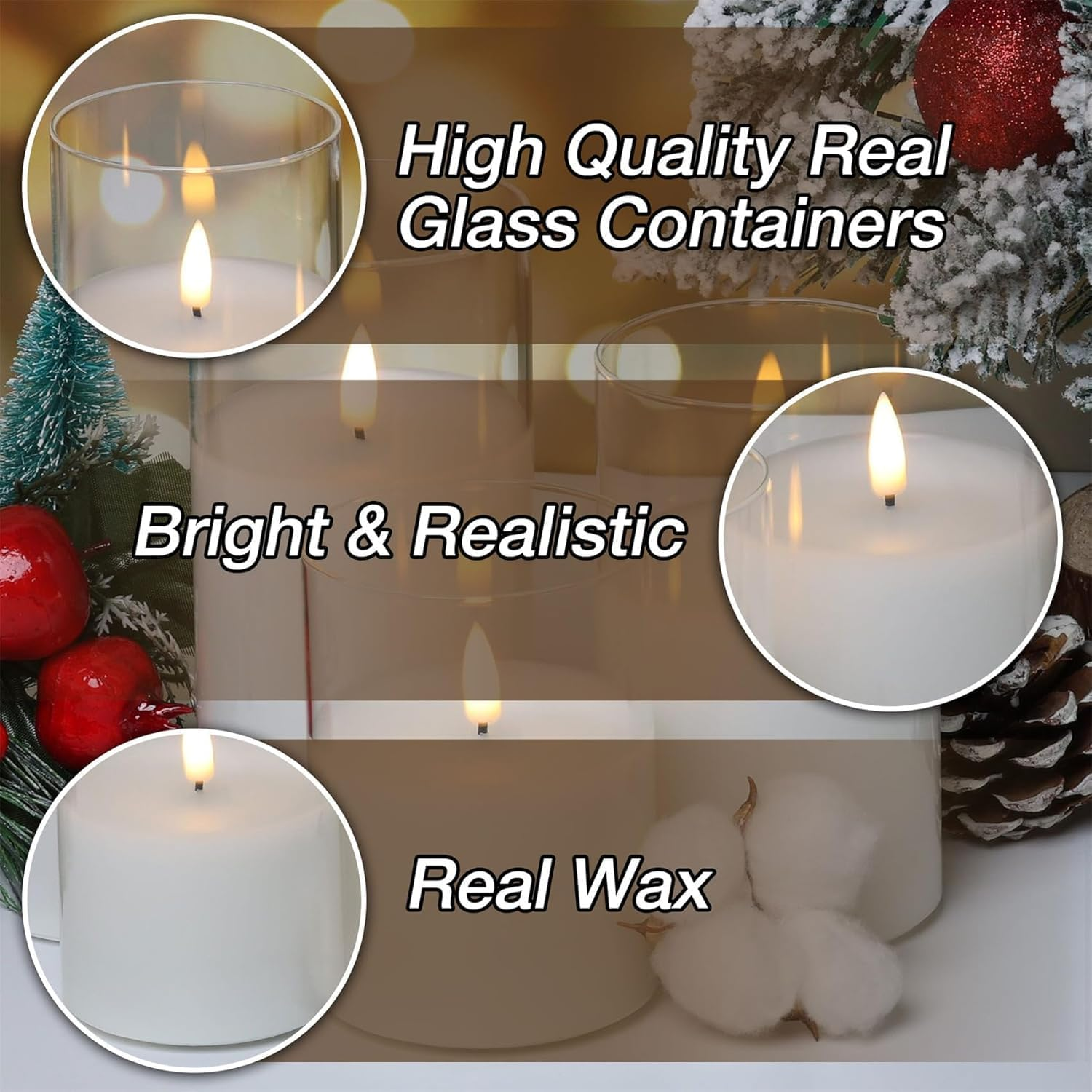 Flameless Candle Battery Operated, Flameless Candle with Remote Timer, LED Flameless Flickering 3D Wick Pillar Candle for Holiday Weddings, Christmas Home Party Decorations (White, Pack of 3) image number 6