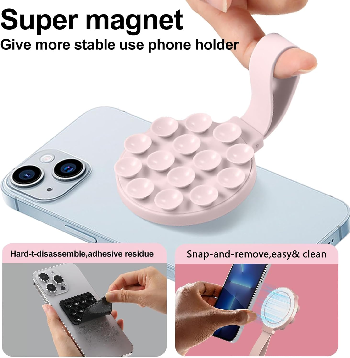 TONGLUO Silicone Suction Phone Sticky Grip with Magnetic Suction, Compatible with Magsafe Case for Hands-Free Selfies/Videos, Applicable to Mirror Shower Stand Holder for Iphone and for Android(Pink) - Blue image number 2