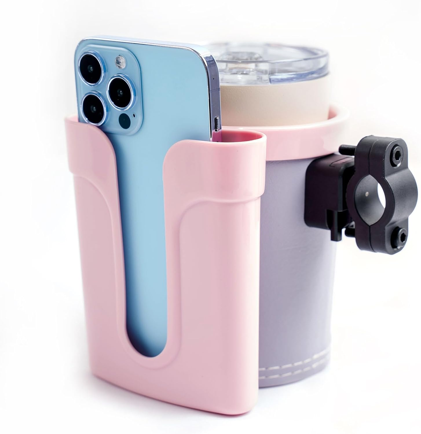 Bike Cup Holder Handlebar Cruiser with Cell Phone Holder Key Holder for Bicycle Motorcycle Scooter Boat Pink - Black image number 3