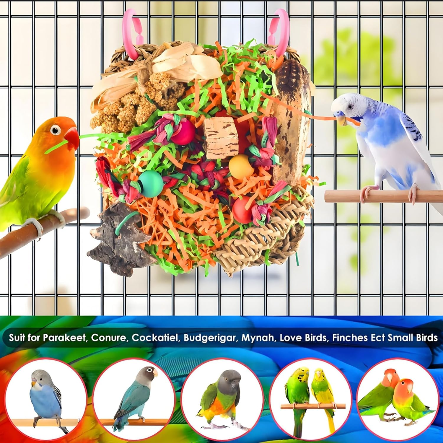 RUIFEN 7.5X7.5In Natural Bird Chew Toy for Small & Medium Parrots &ndash; 3-In-1 Climbing Net with Corn Leaves/Straw Rope/Paper Shreds, Safe for Budgies, Cockatiels & Conures image number 6