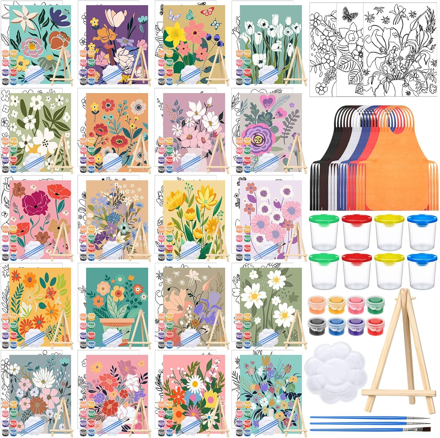 Sherr 140 Pcs 20 Set Pre Drawn Canvas Kit for Painting Craft Sip and Paint Kit for Adults Pre Printed Canvas Painting Favor for Virtual DIY Birthday Gifts Adult'S Date Party(Flower) image number 3