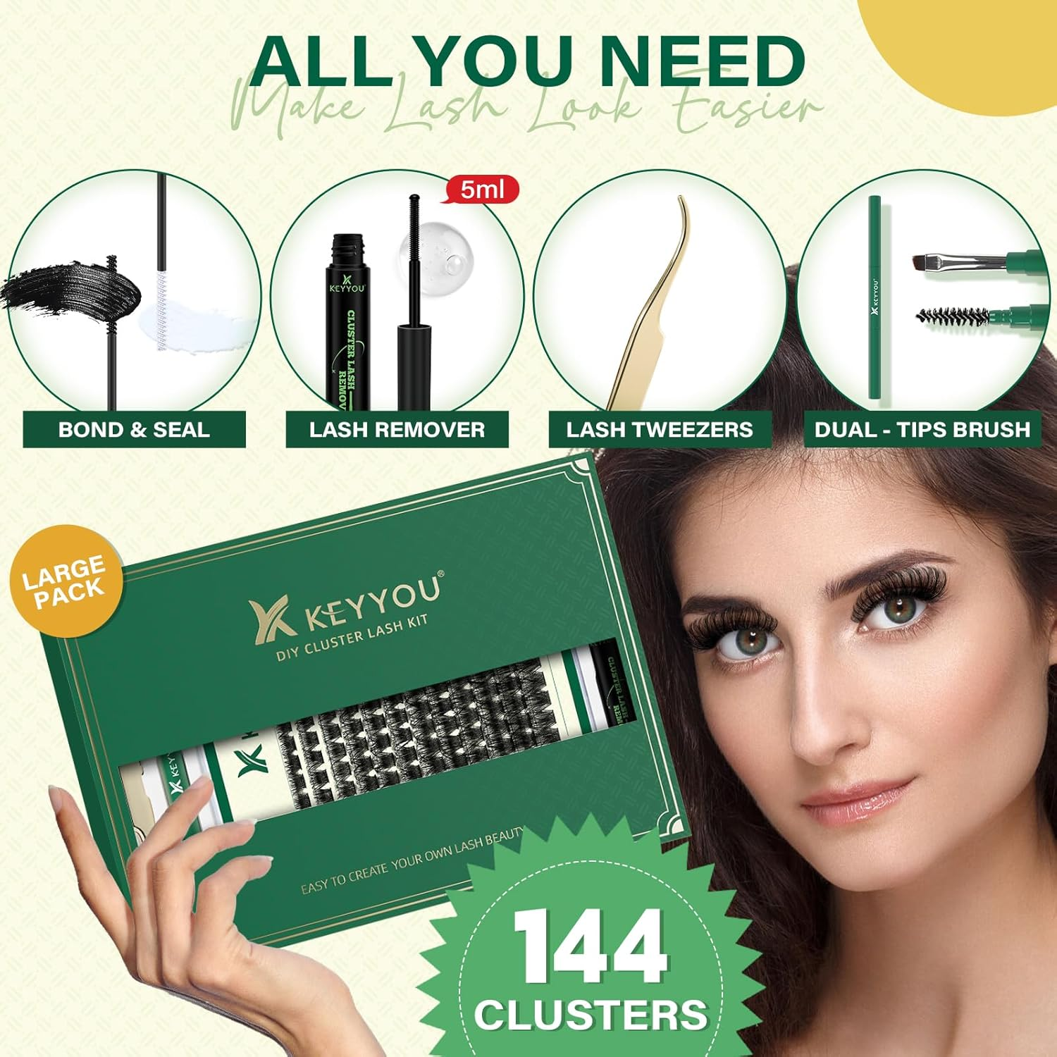 DIY Lash Extension Kit KEYYOU 144Pcs Lash Clusters Eyelash Extension Kit with Mascara Brush Bond and Seal Lash Glue Remover Lash Applicators Lash Brush Clean Pad for DIY Lash Extensions (Y03 Kit) image number 4