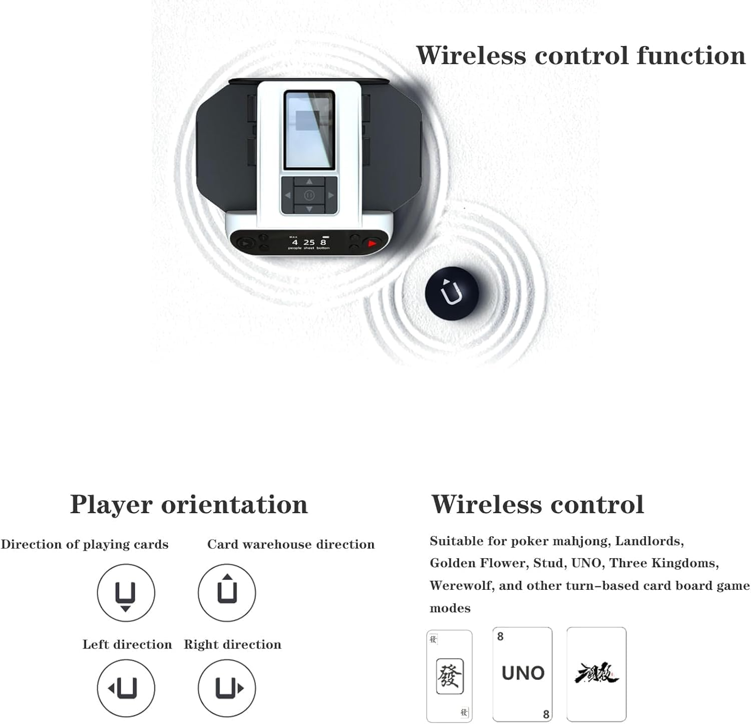 Automatic Card Shuffler & Dealer Machine 360&deg; Rotating Card Dealer with 4 Wireless Dealer Buttons, Rechargeable Card Dealing & Shuffing Machine for UNO, Blackjack, Texas Hold'Em Black - White image number 3